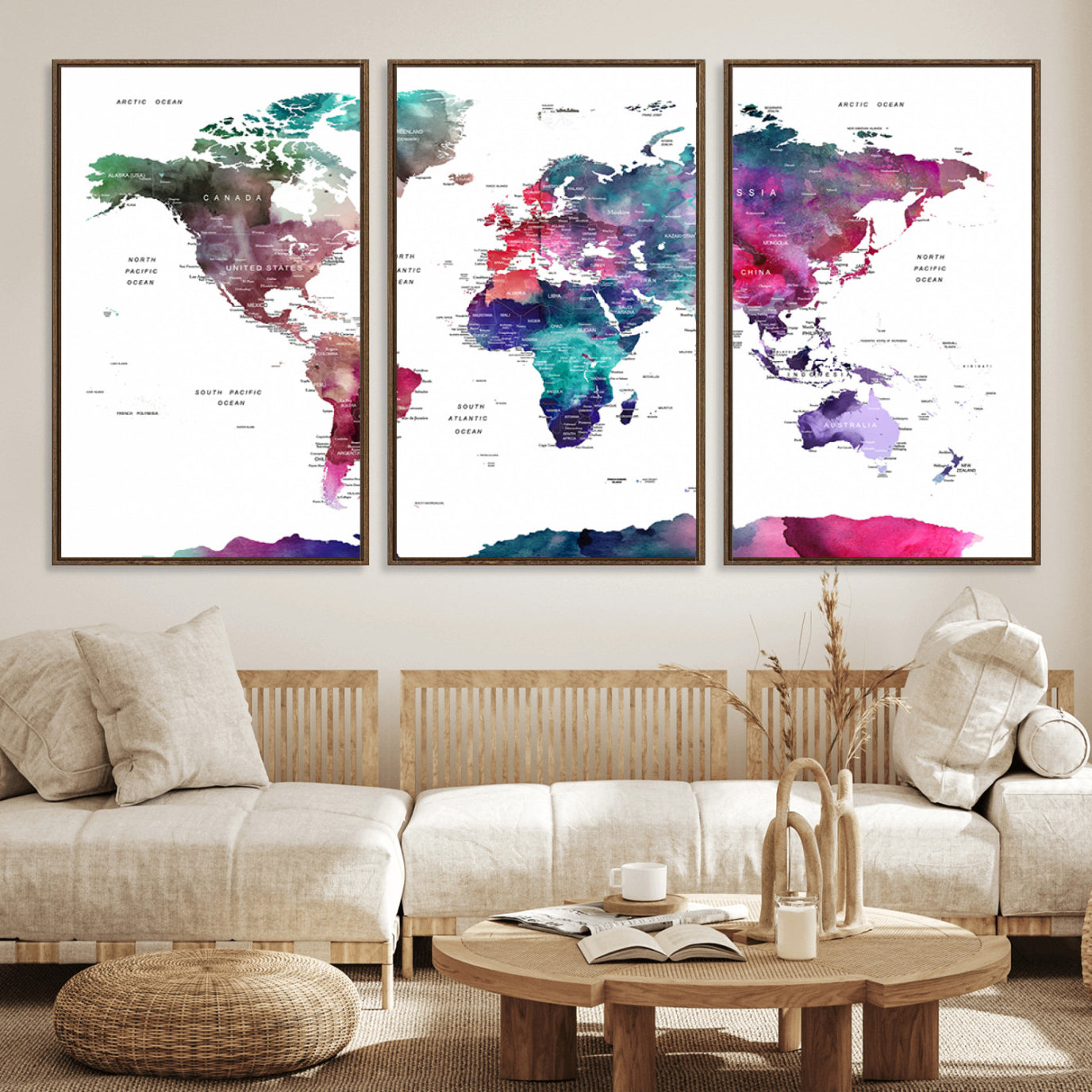 78176-MGV-FC-60X30-3P_Walnut-Colorful Watercolor World Map Canvas Wall Art – Framed Modern Map Print, Vibrant Travel Inspired Artwork for Home and Office Decor