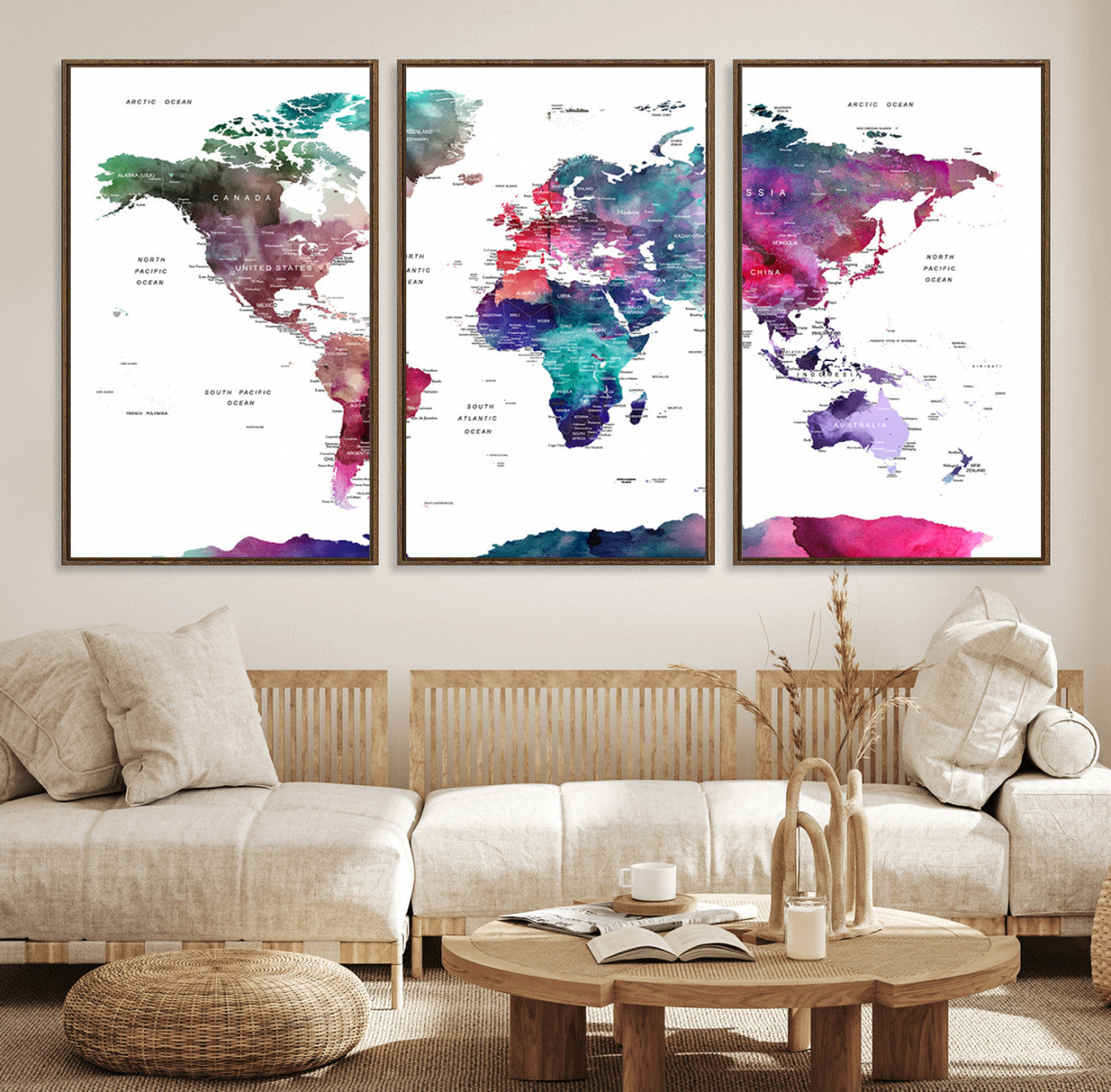 78176-MGV-FC-60X30-3P_Walnut-Colorful Watercolor World Map Canvas Wall Art – Framed Modern Map Print, Vibrant Travel Inspired Artwork for Home and Office Decor