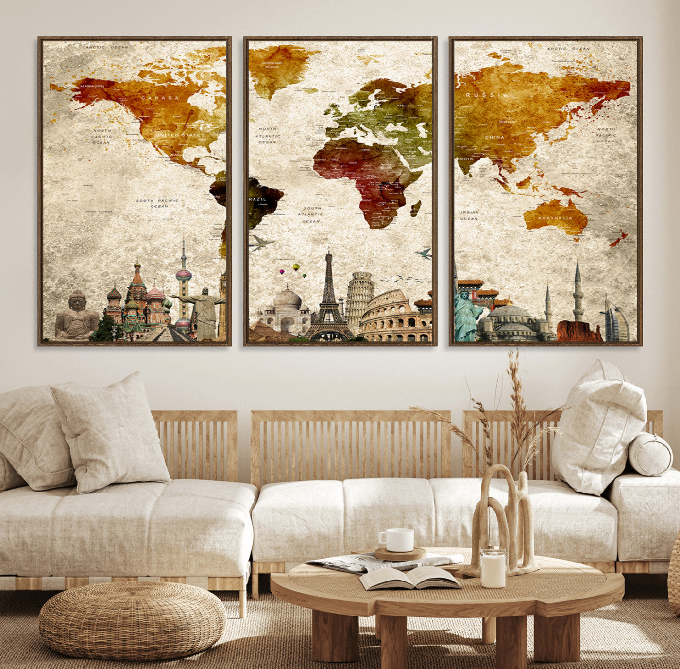 40637-MGV-FC-60X30-3P_Walnut-Push Pin World Map Canvas Print – Framed Travel Map Wall Art for Couples, Anniversary Gift, Modern Home or Office Decor