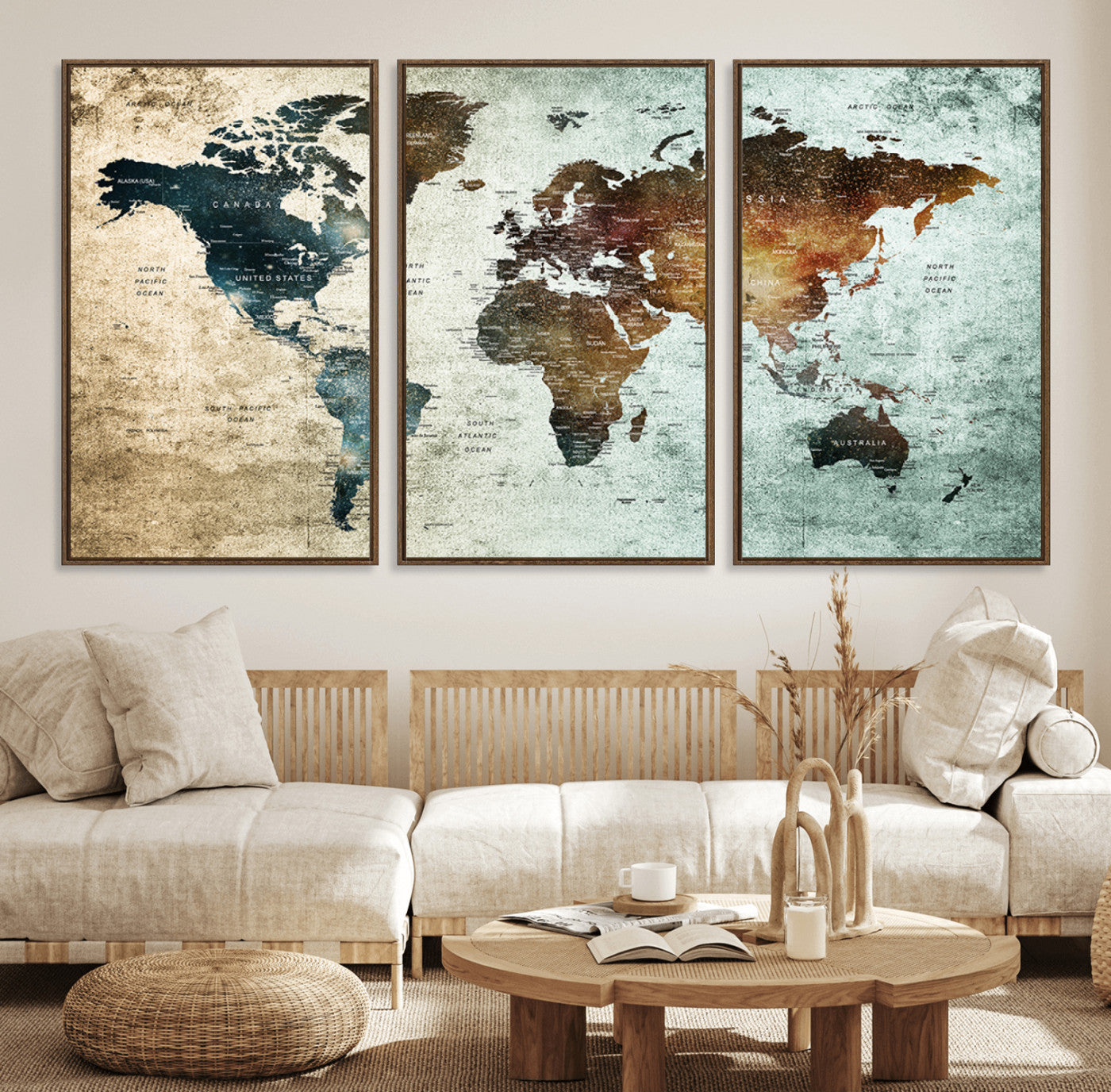 25140-MGV-FC-60X30-3P_Walnut-World Map Canvas Print – Framed Vintage Style Push Pin Wall Art, Elegant Travel Map Decor for Home or Office