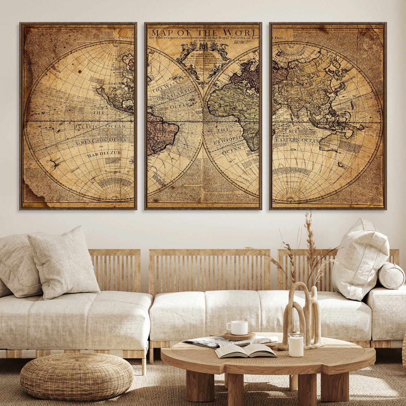 Ant1001-MGV-FC-60X30-3P_Walnut-Vintage World Map Wall Art Canvas – Antique Style Push Pin Travel Map, Framed Decorative Wall Decor for Home, Office