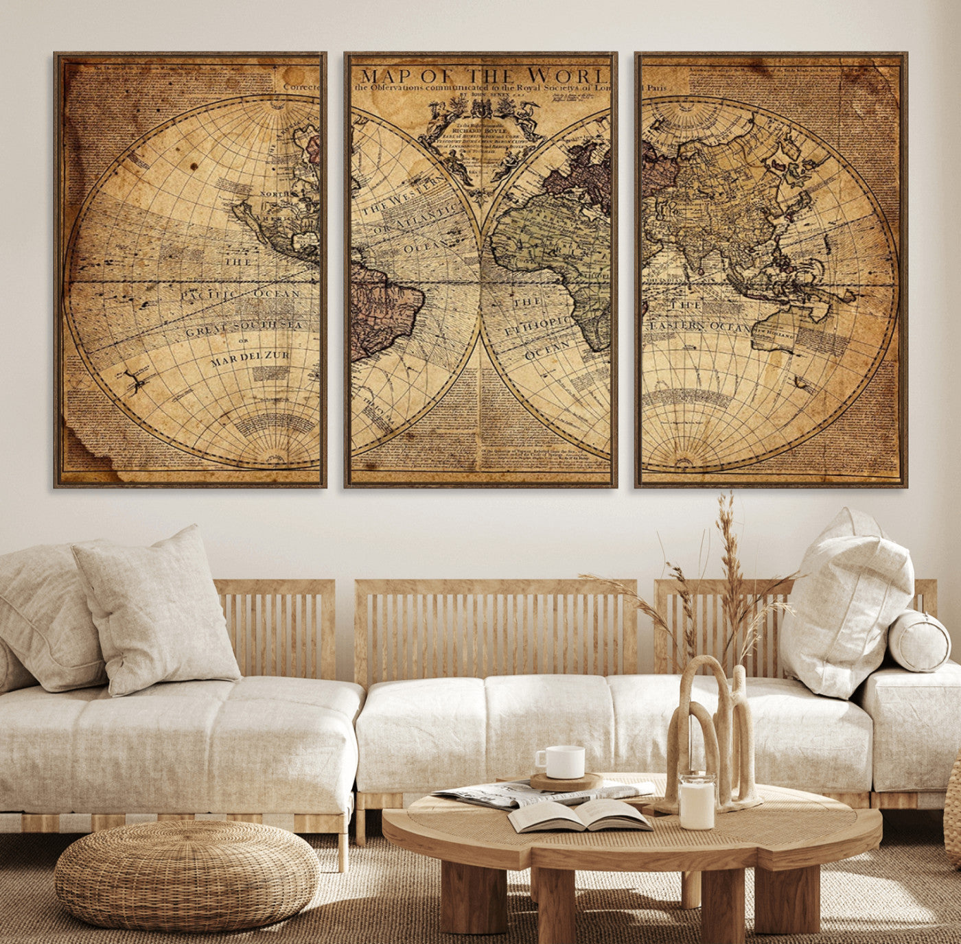 Ant1001-MGV-FC-60X30-3P_Walnut-Vintage World Map Wall Art Canvas – Antique Style Push Pin Travel Map, Framed Decorative Wall Decor for Home, Office