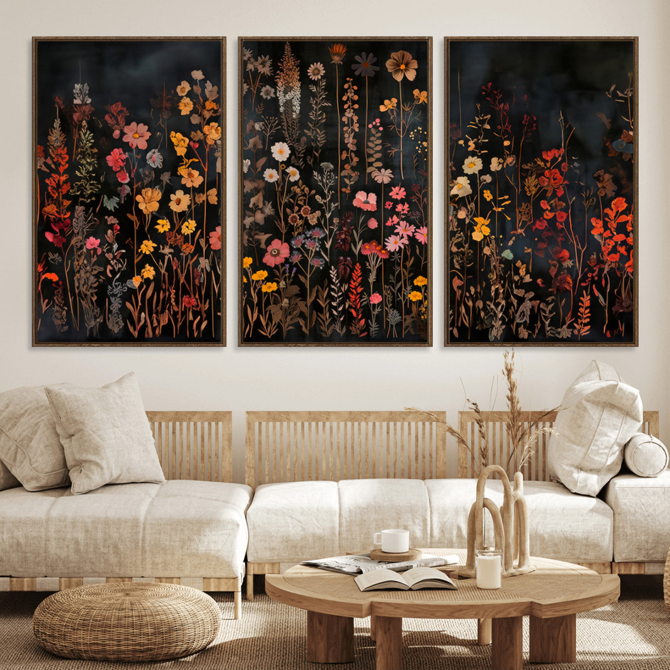 AbstFLF-MGV-FC-60X30-3P_Walnut-Large Floral Painting Print Illustration Flowers Canvas Wall Art Botanical Wall Decor Modern