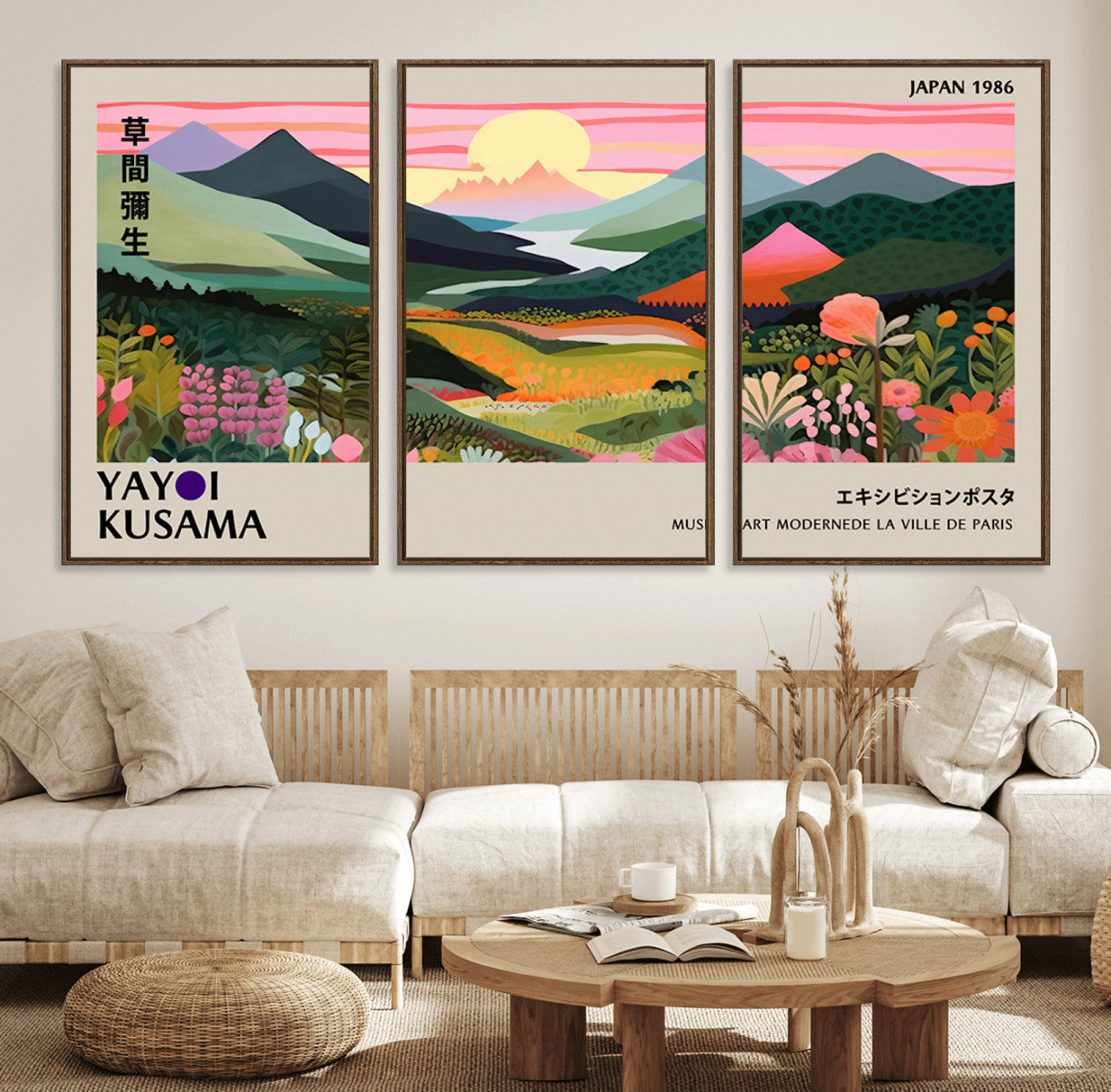 85192-MGV-FC-60X30-3P_Walnut-Yayoi Kusama 1986 Wall Art Print – Vibrant Abstract Japanese Wabi Sabi Design Modern Colorful Artwork for Home Office