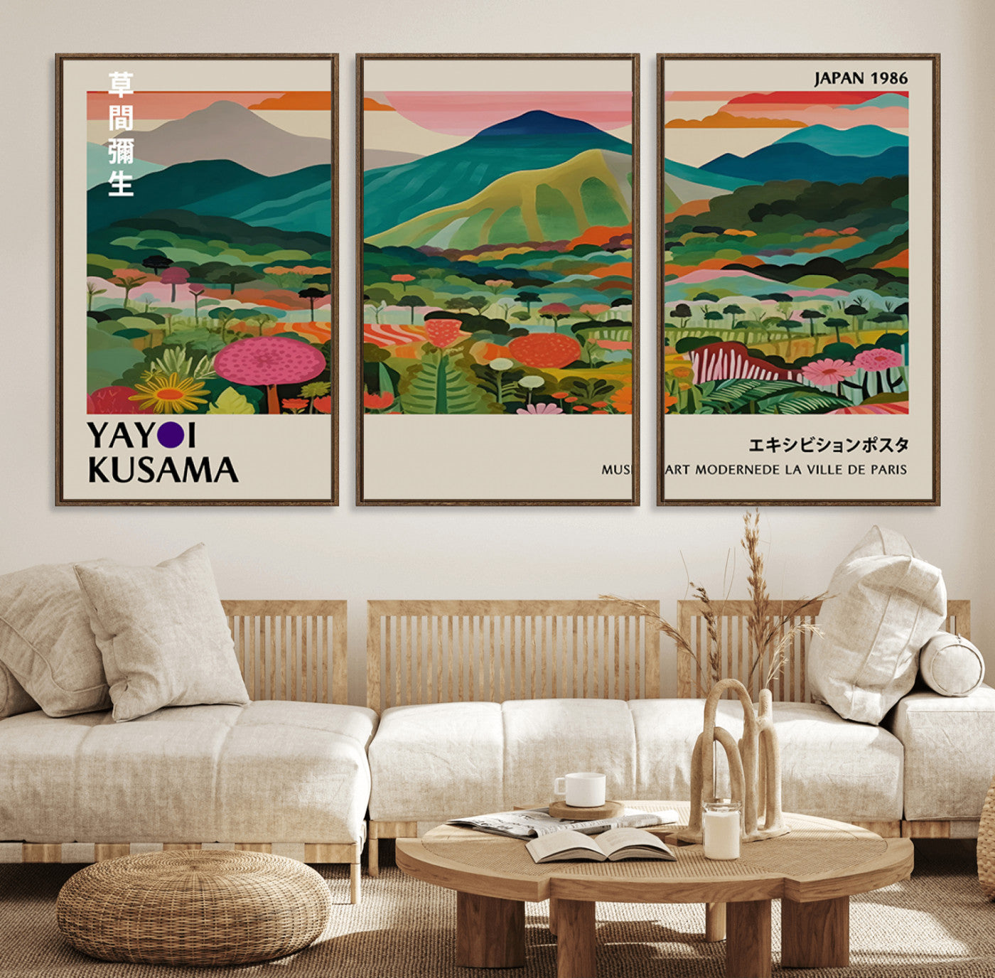 83384-MGV-FC-60X30-3P_Walnut-Yayoi Kusama Japan 1986 Canvas – Wabi Sabi Japanese Vibrant Abstract Wall Art Contemporary Canvas for Home, Office