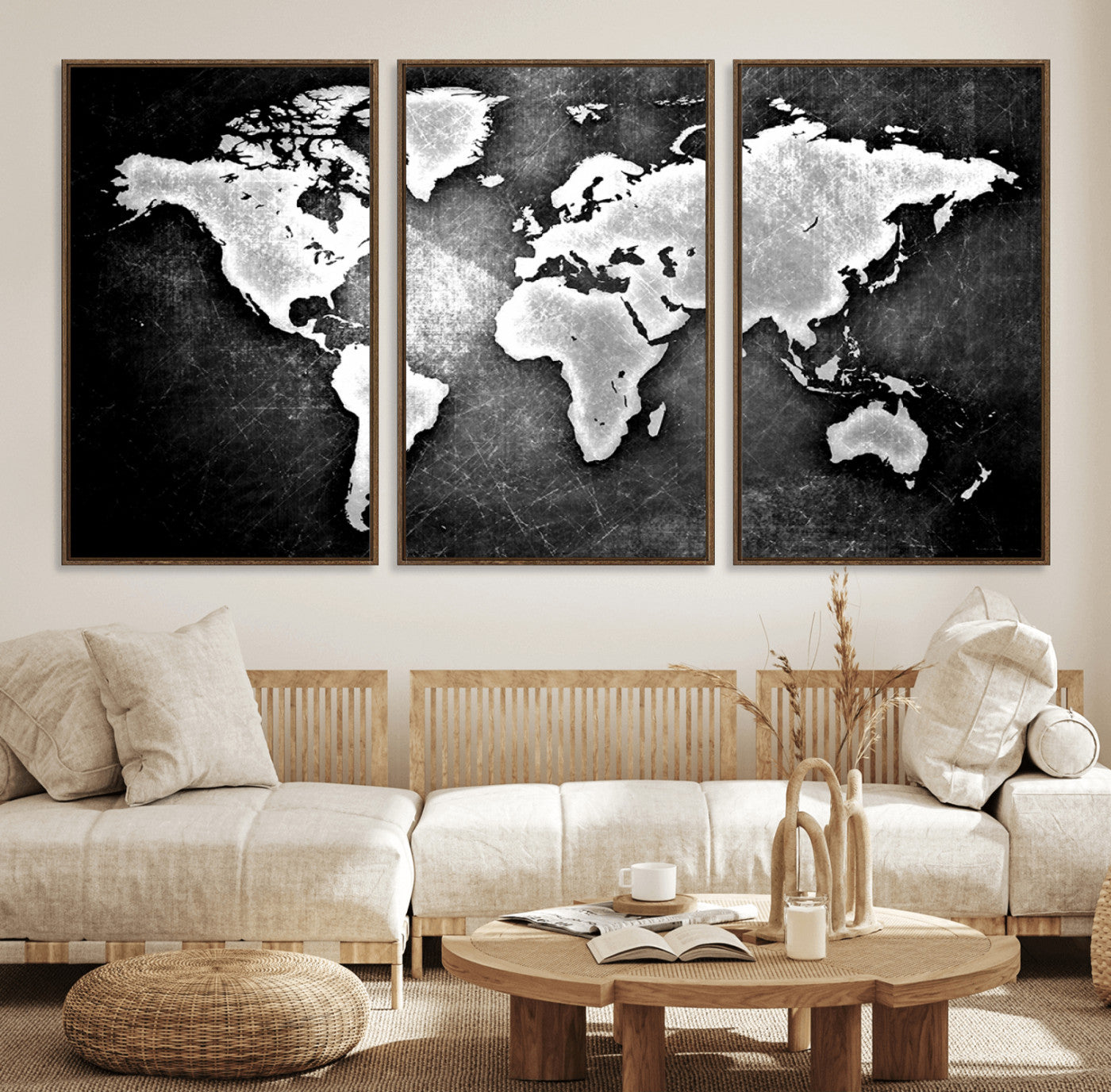 95037-MGV-FC-60X30-3P_Walnut-World Map Wall Art Canvas Print – Framed Wall Art for Anniversary Gift or Home Adventure Decor