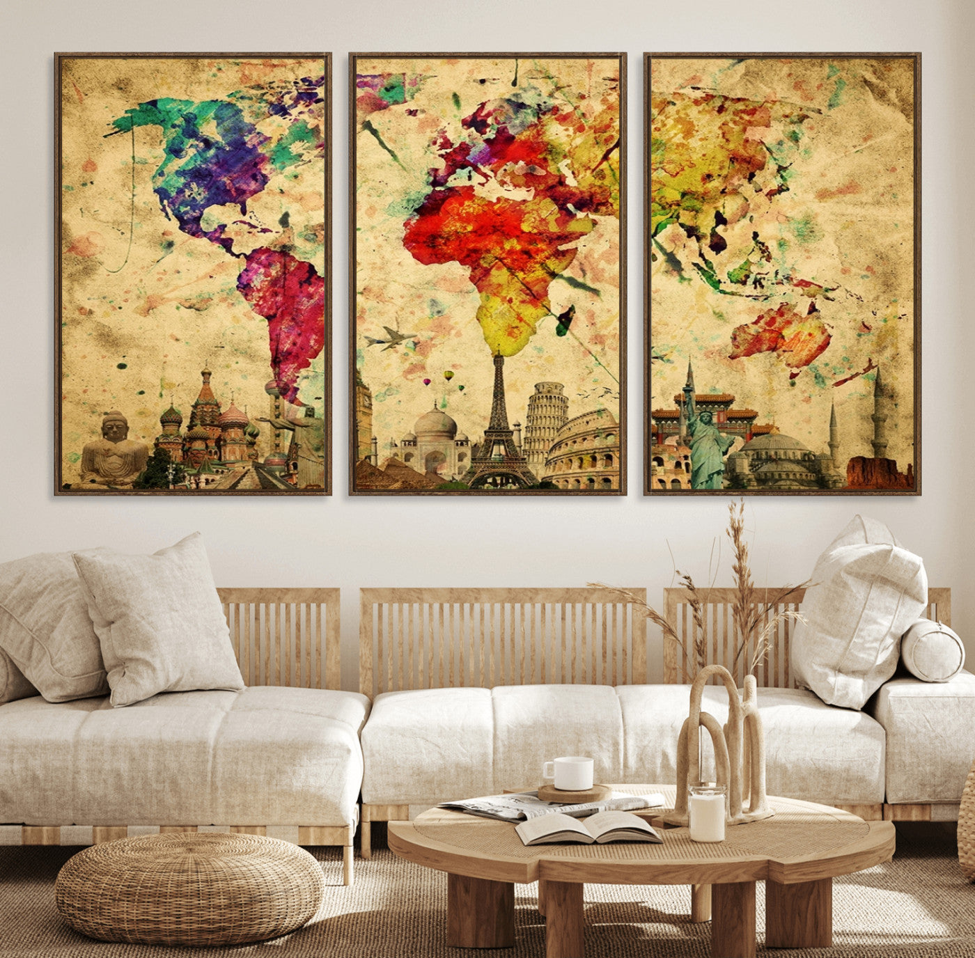 24467-MGV-FC-60X30-3P_Walnut-Colorful Watercolor World Map Canvas Wall Art – Framed Landmark Travel Map Print, Vibrant Global Artwork for Home and Office Decor