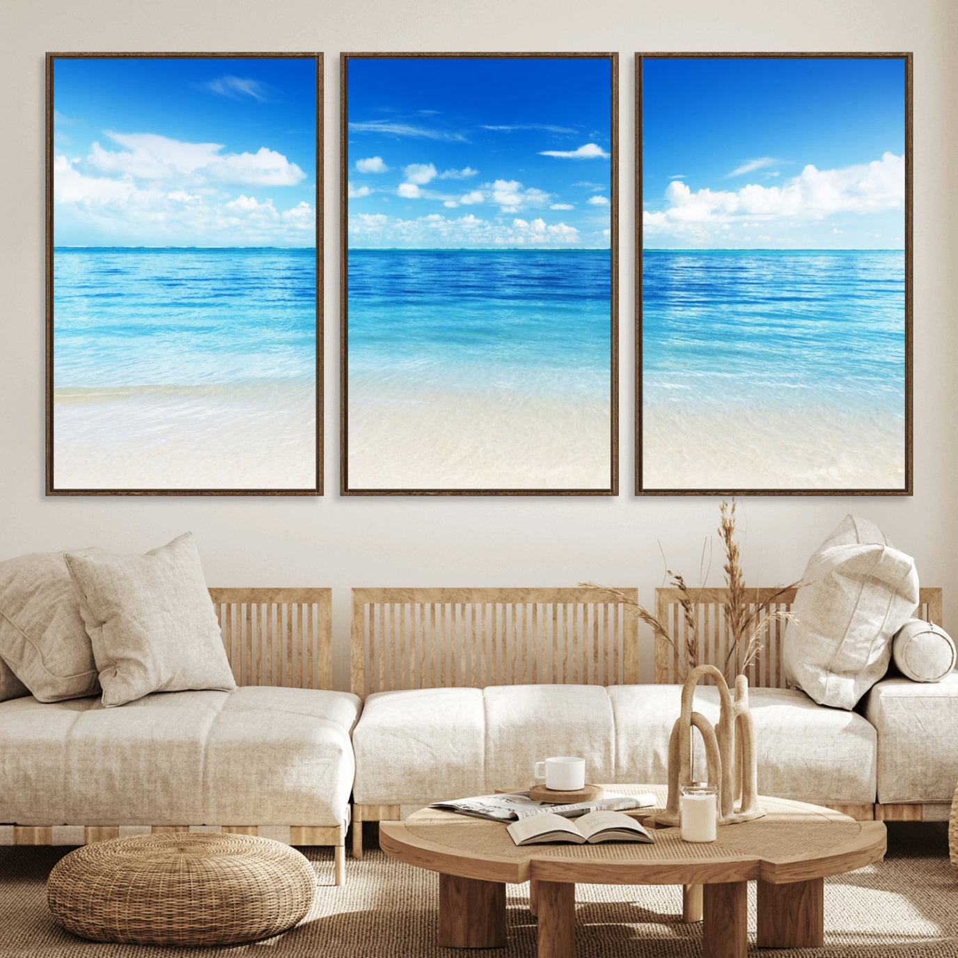 36641-MGV-FC-60X30-3P_Walnut-Beach Scene Canvas Wall Art Print – Tranquil Ocean Horizon and White Sand Beach Wall Decor for Home