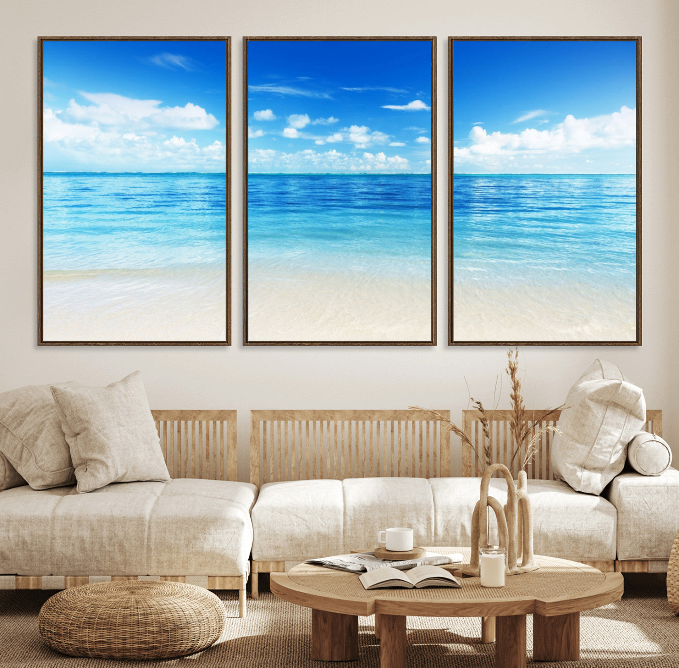 36641-MGV-FC-60X30-3P_Walnut-Beach Scene Canvas Wall Art Print – Tranquil Ocean Horizon and White Sand Beach Wall Decor for Home