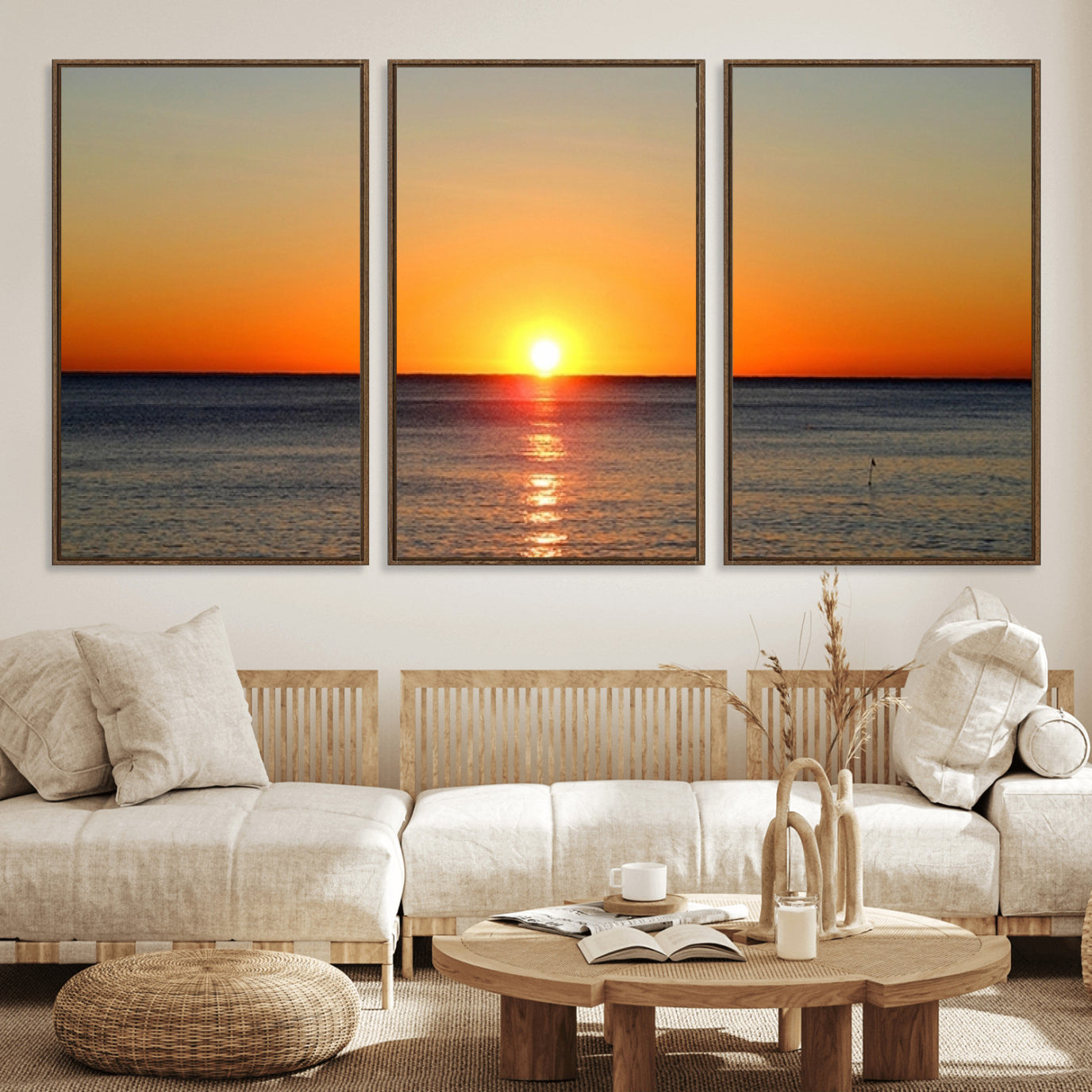 54676-MGV-FC-60X30-3P_Walnut-Golden Horizon Sunset Over Ocean Wall Art Canvas Print – Tropical Beach Canvas Wall Art – Giclee