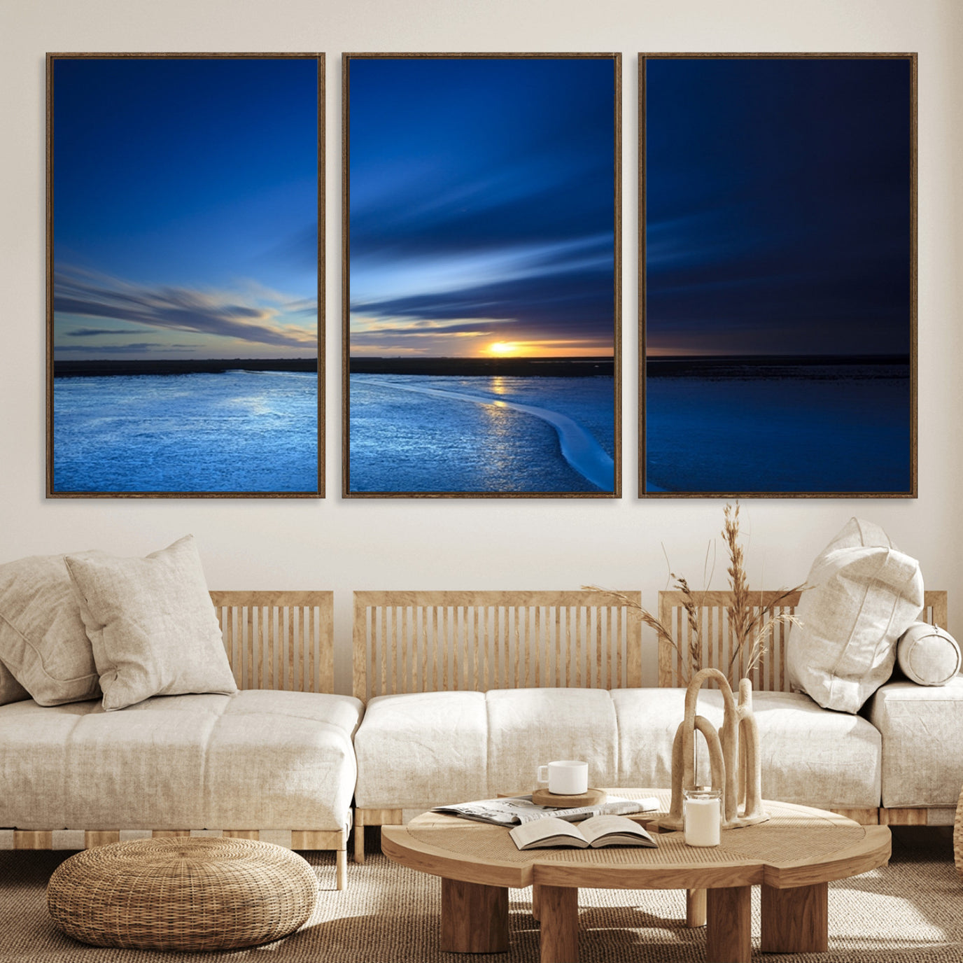 33853-MGV-FC-60X30-3P_Walnut-Blue Sunset Ocean Canvas Wall Art Print – Serene Coastal Horizon Wall Decor for Home or Office –