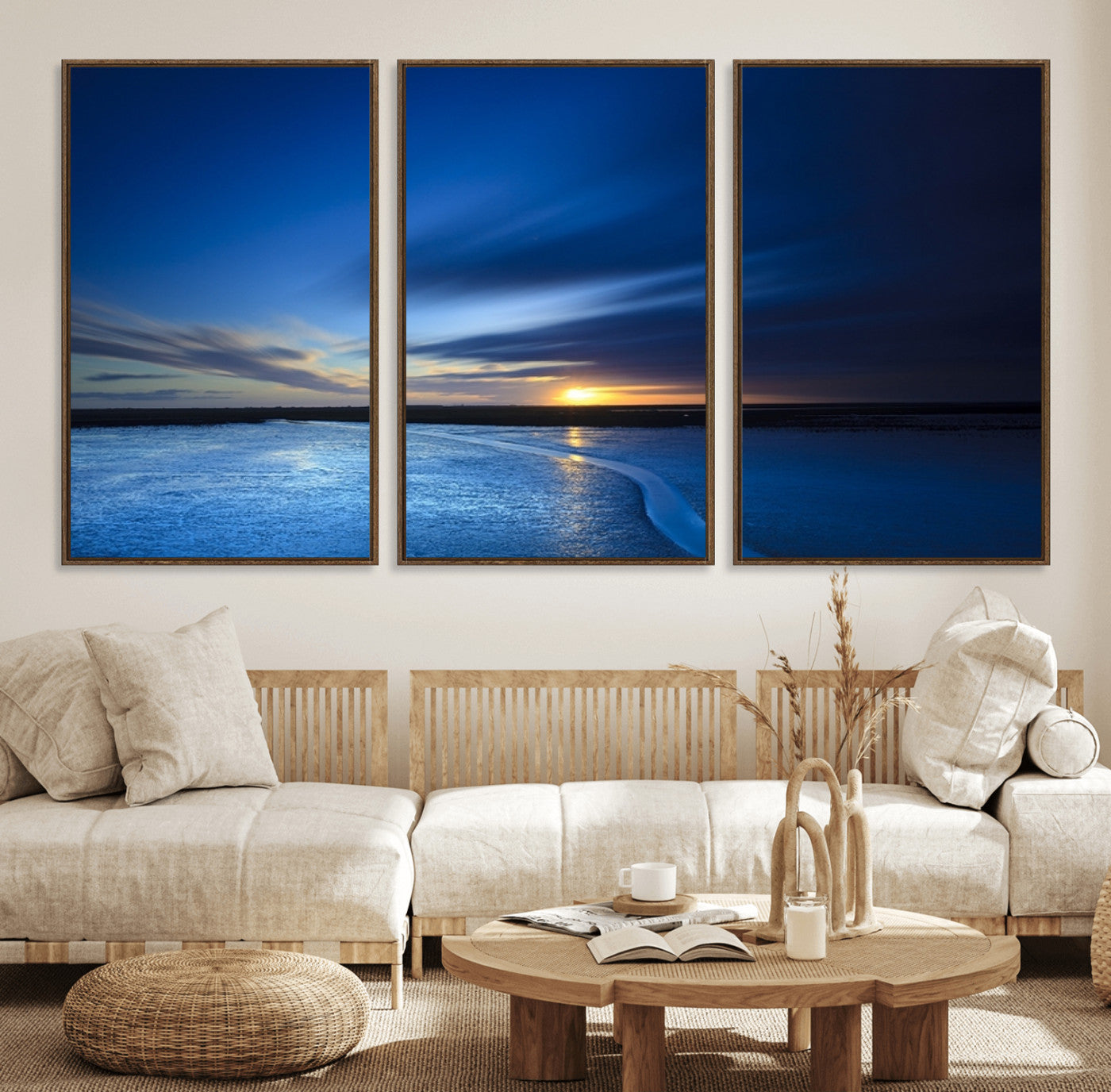 33853-MGV-FC-60X30-3P_Walnut-Blue Sunset Ocean Canvas Wall Art Print – Serene Coastal Horizon Wall Decor for Home or Office –