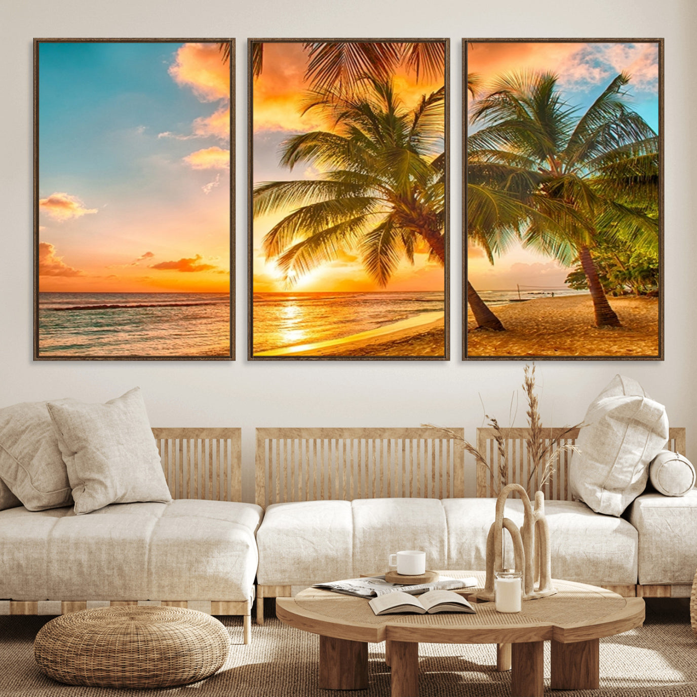 18618-MGV-FC-60X30-3P_Walnut-Tropical Sunset Beach Canvas Wall Art Print – Vibrant Palm Trees and Coastal Sunset Wall Decor for