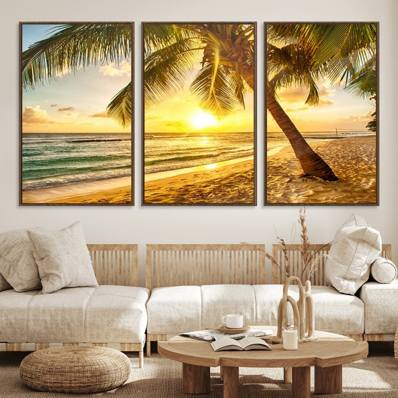 33628-MGV-FC-60X30-3P_Walnut-Beach Sunset Canvas Wall Art Print - Tropical Beach Canvas Wall Art Print – Vibrant Palm Trees and