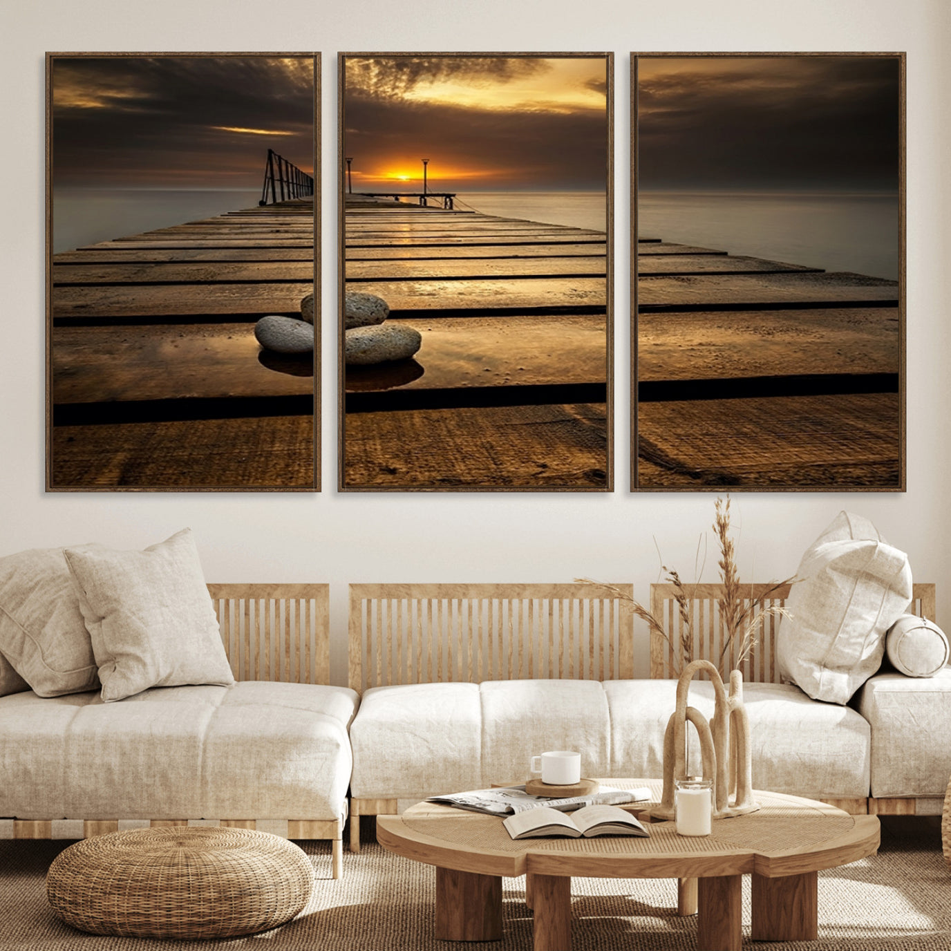 41021-MGV-FC-60X30-3P_Walnut-Stones on Wooden Pier at Sunset Canvas Print, Serene Coastal Wall Art, Beach Sunset Photography,
