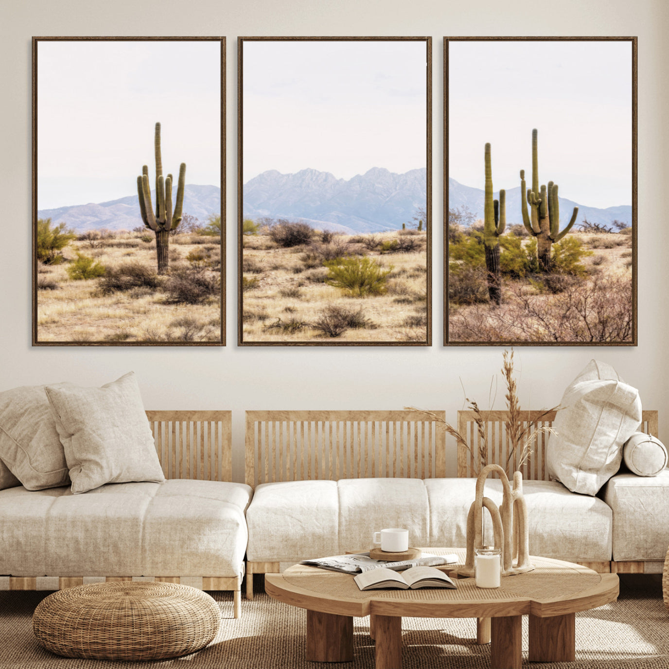 97436-MGV-FC-60X30-3P_Walnut-Desert Cactus Canvas Wall Art – Serene Southwestern Arizona Landscape with Majestic Mountains -