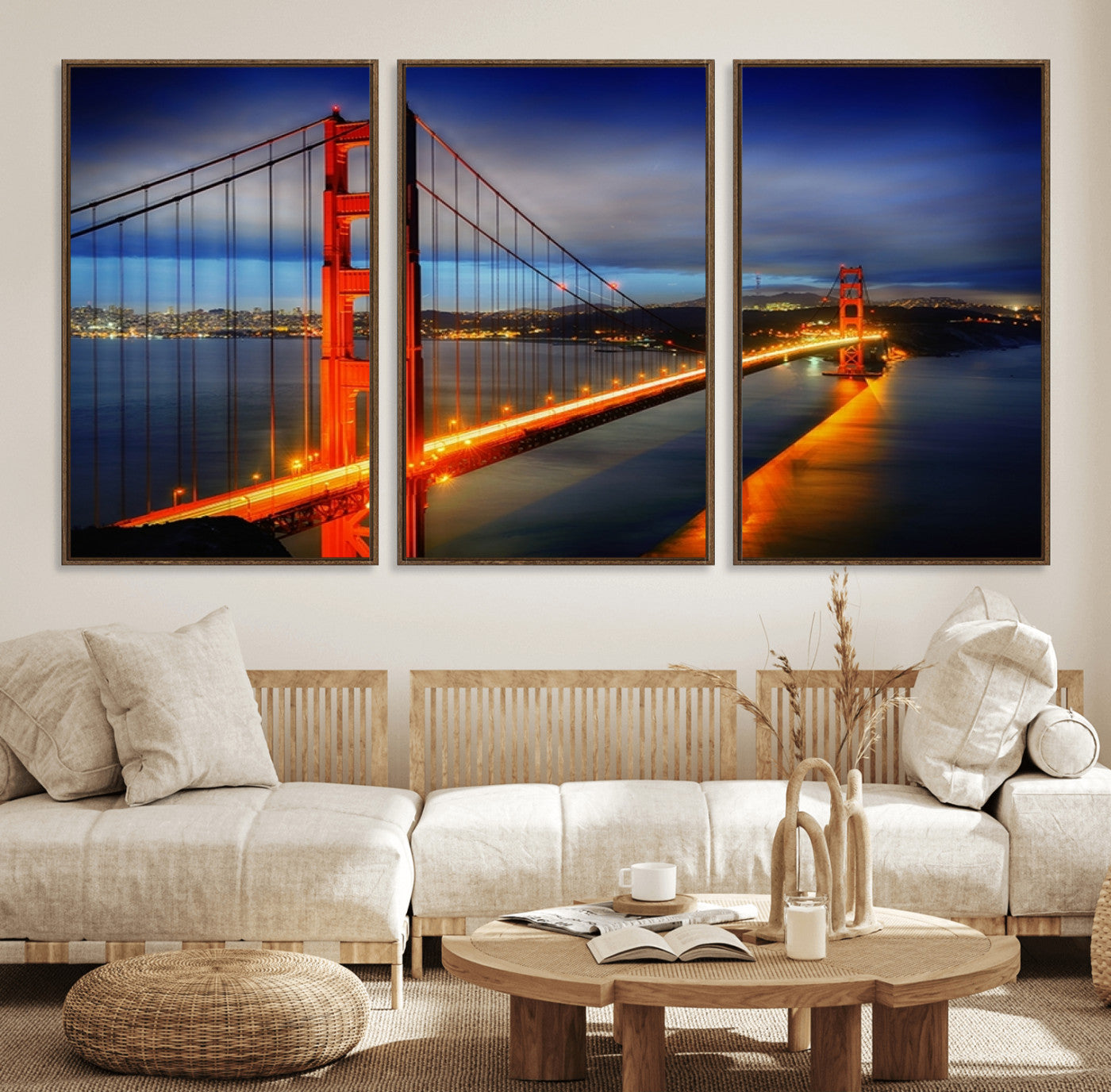 27118-MGV-FC-60X30-3P_Walnut-Large Wall Art San Francisco Canvas Print - Wonderful Golden Gate Bridge at Twilight