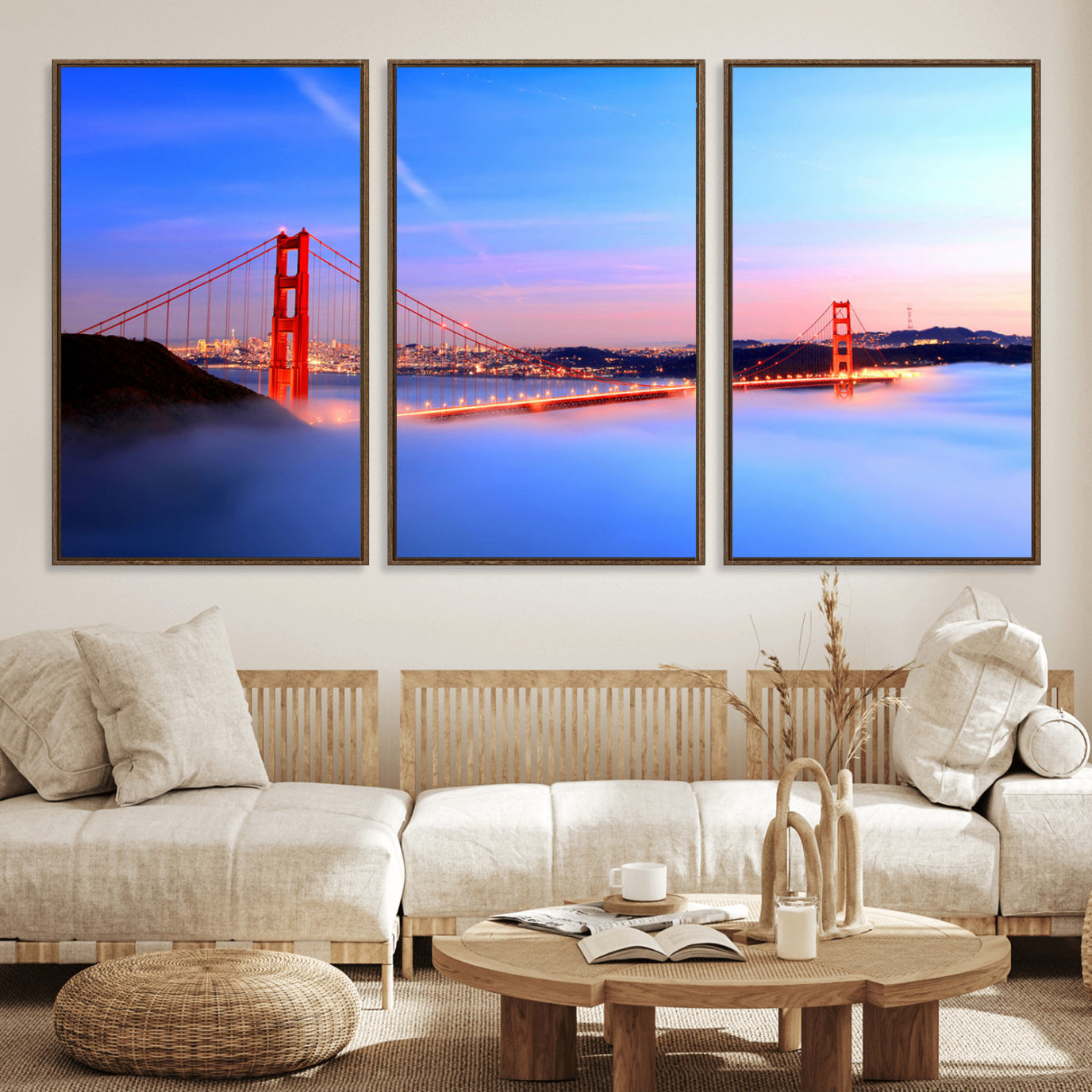 14572-MGV-FC-60X30-3P_Walnut-Golden Gate Bridge Wall Art Canvas Print – Framed San Francisco Sunset Scene with Cityscape Artwork for Home, Office