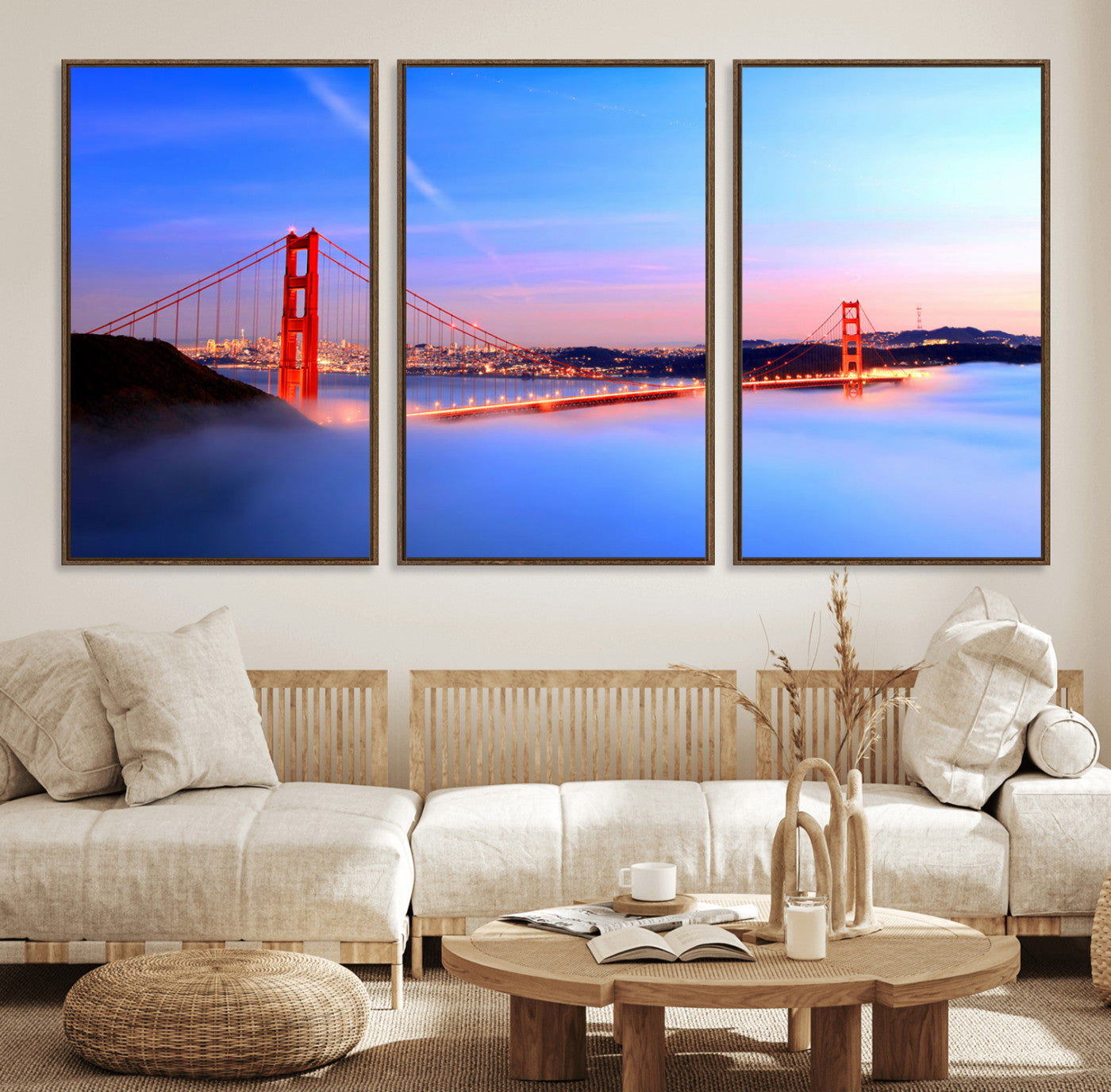 14572-MGV-FC-60X30-3P_Walnut-Golden Gate Bridge Wall Art Canvas Print – Framed San Francisco Sunset Scene with Cityscape Artwork for Home, Office