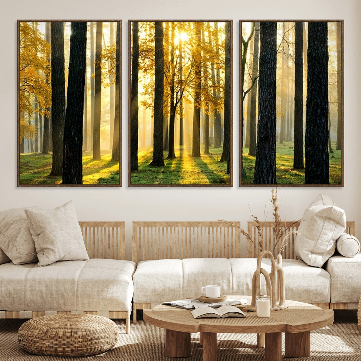 60024-MGV-FC-60X30-3P_Walnut-Sunlit Forest Wall Art Canvas Print – Large Framed Woodland Landscape Artwork for Home, Office, Living Room