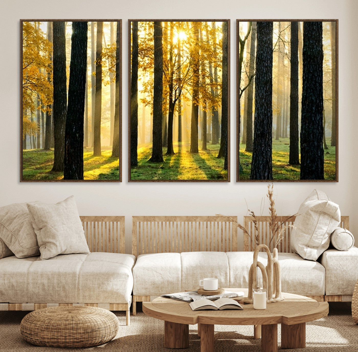 60024-MGV-FC-60X30-3P_Walnut-Sunlit Forest Wall Art Canvas Print – Large Framed Woodland Landscape Artwork for Home, Office, Living Room