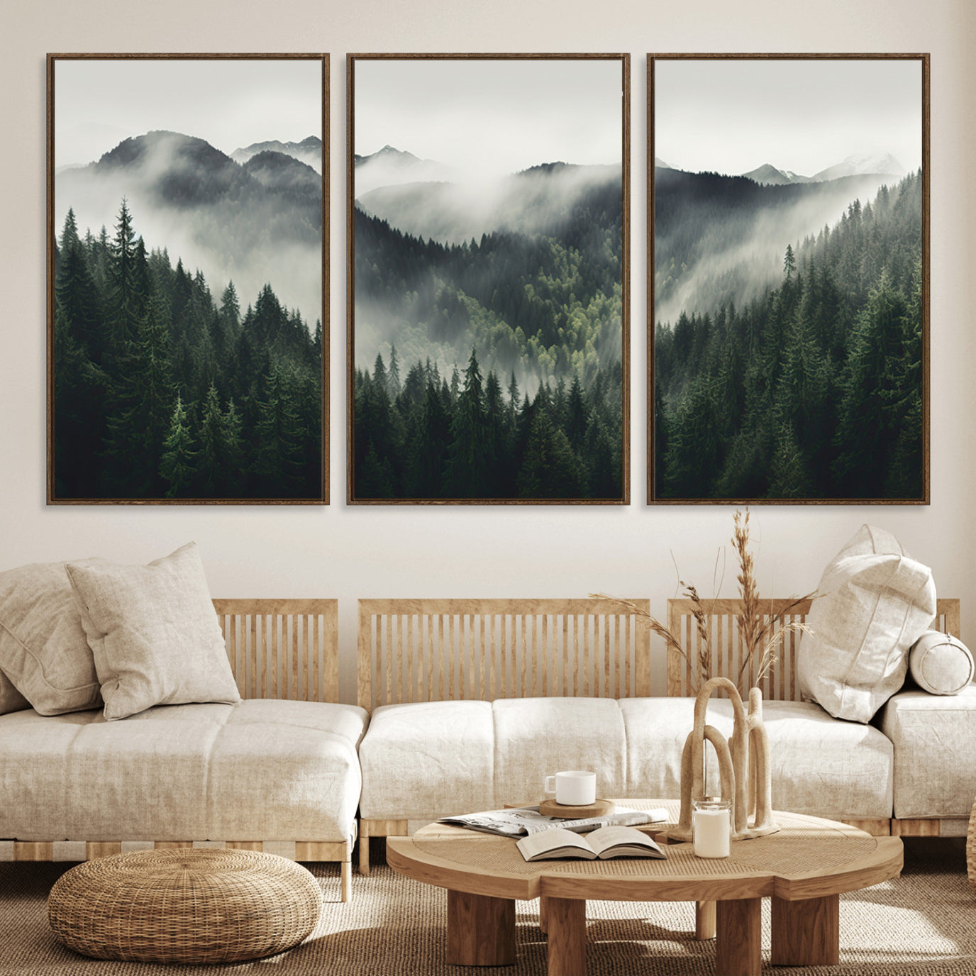 90953-MGV-FC-60X30-3P_Walnut-Misty Forest Canvas Print Wall Art Premium Canvas Print a Foggy and Serene Atmosphere