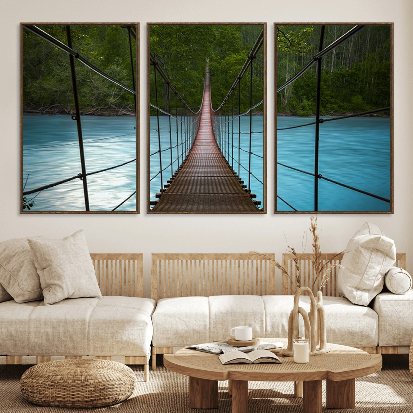 70229-MGV-FC-60X30-3P_Walnut-Suspension Bridge Over River Canvas Art | 3-Panel Nature Photography | Scenic Wall Art for Living