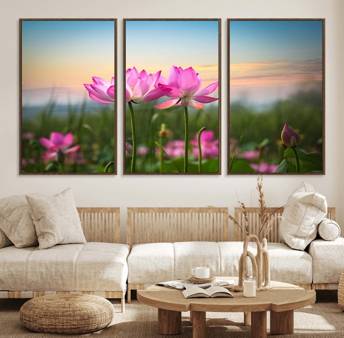 64234-MGV-FC-60X30-3P_Walnut-Pink Flower on the Mountain Canvas Print, Framed Pink Flower Canvas Wall Art