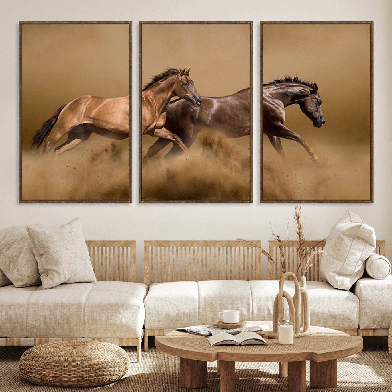 53721-MGV-FC-60X30-3P_Walnut-Large Wall Art Canvas Print – Two Running Brown Horses Motion Animal Artwork for Home, Office, Living Room Decor