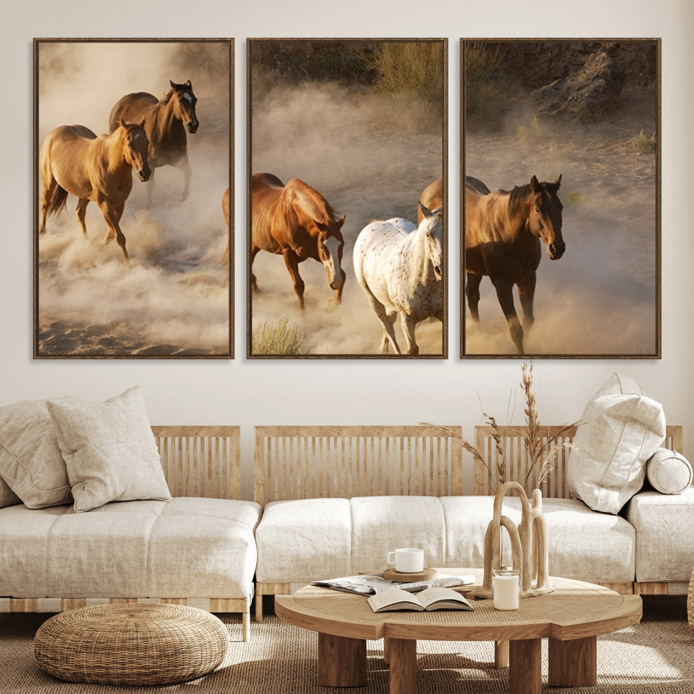 23809-MGV-FC-60X30-3P_Walnut-Large Wall Art 5 Horses Running on Sand Canvas Print