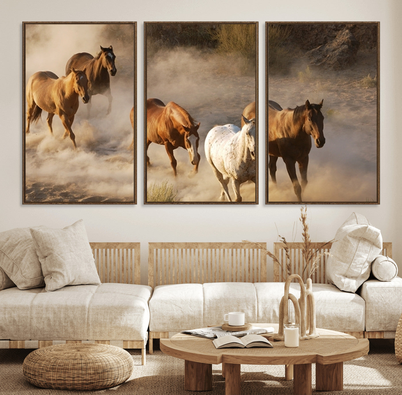 23809-MGV-FC-60X30-3P_Walnut-Large Wall Art 5 Horses Running on Sand Canvas Print