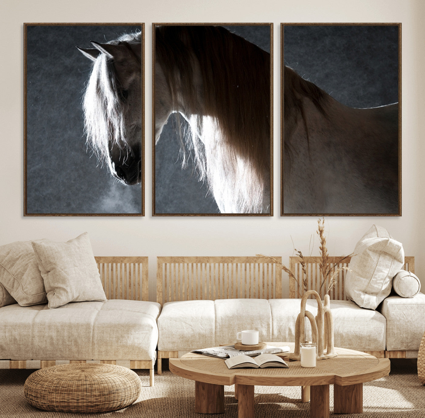 36020-MGV-FC-60X30-3P_Walnut-Large Wall Art Cream Colored Horse on Grey Background Canvas Print