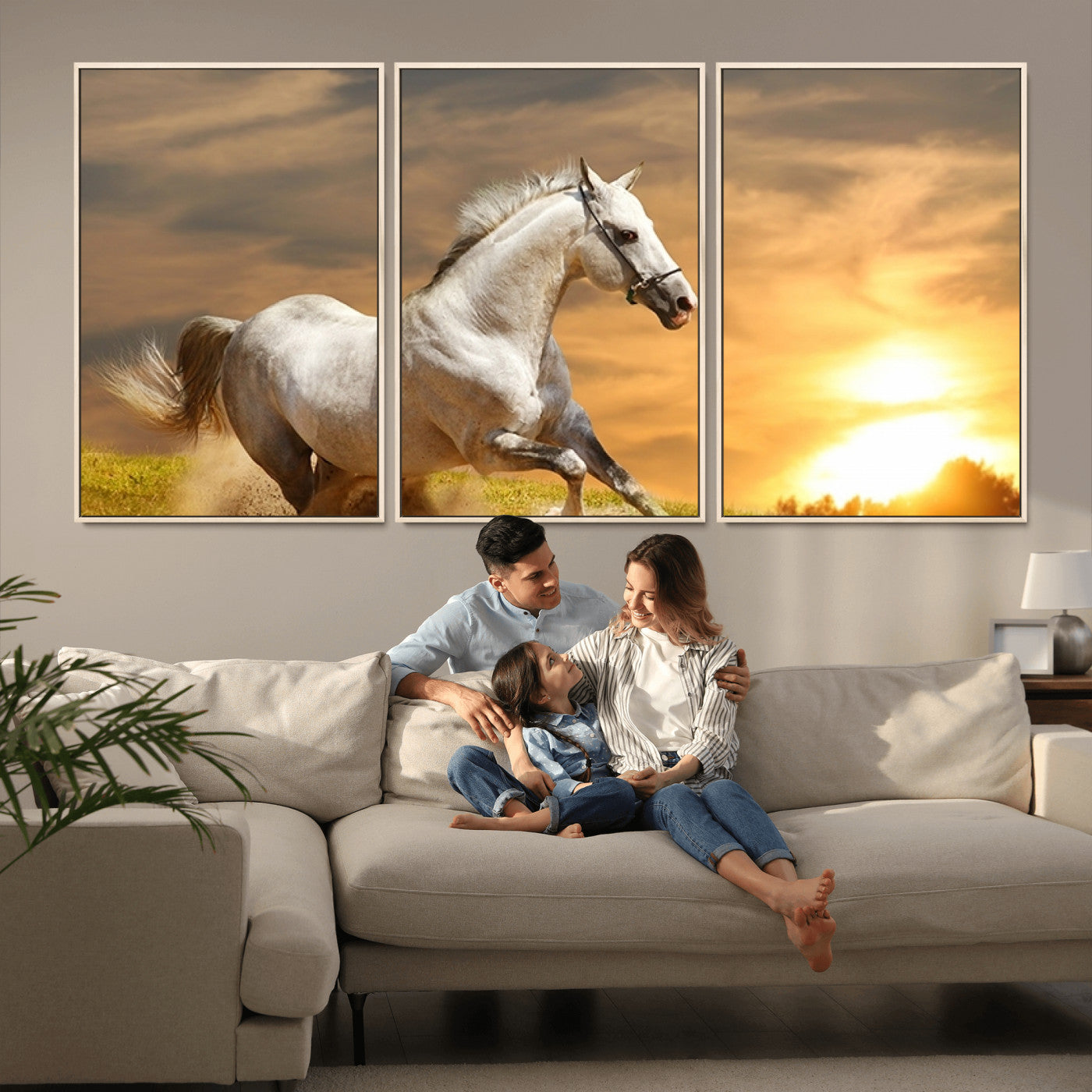 -Large Wall Art Galloping White Horse at Sunset Canvas Print