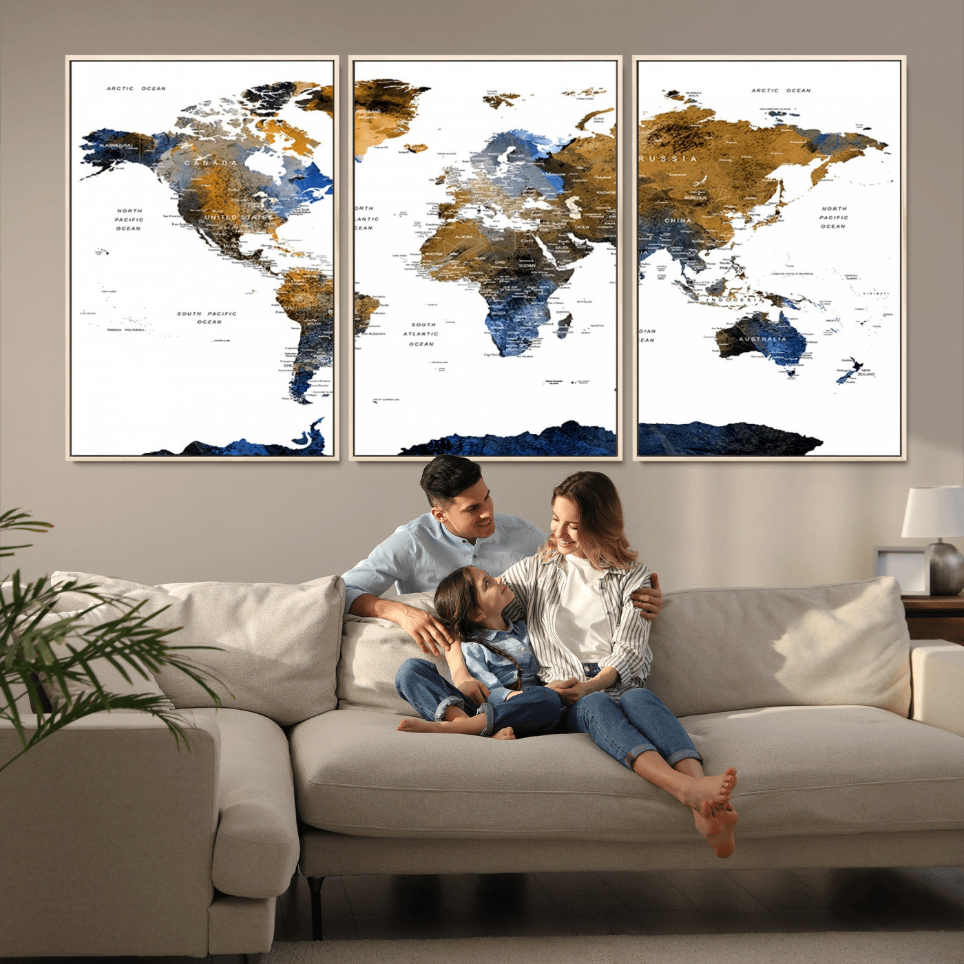 56231-MGV-CV-36X24-Navy and Gold World Map Canvas Wall Art – Framed Modern World Map Print, Elegant Travel Inspired Artwork for Home and Office Decor