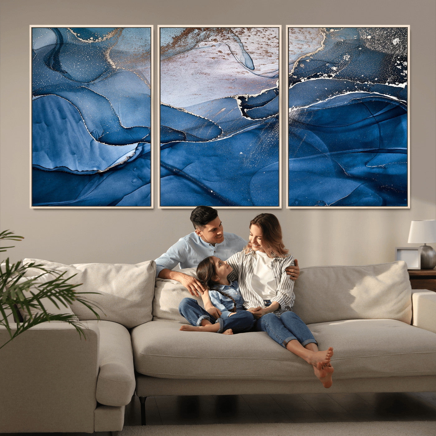 27810-MGV-CV-36X24-Navy Blue Canvas Art Abstract Print – Elegant Triptych Modern Art Print – Contemporary Decor for Living Room or Office