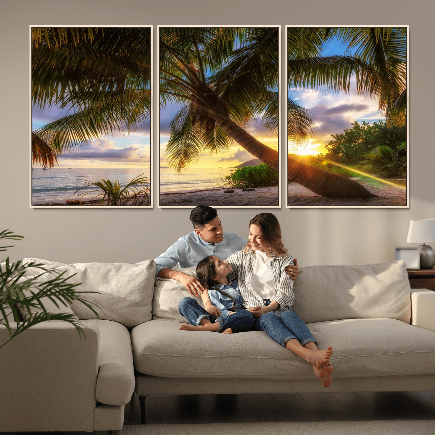 -Tropical Island Sunset on the Beach Palms Wall Art Canvas Print