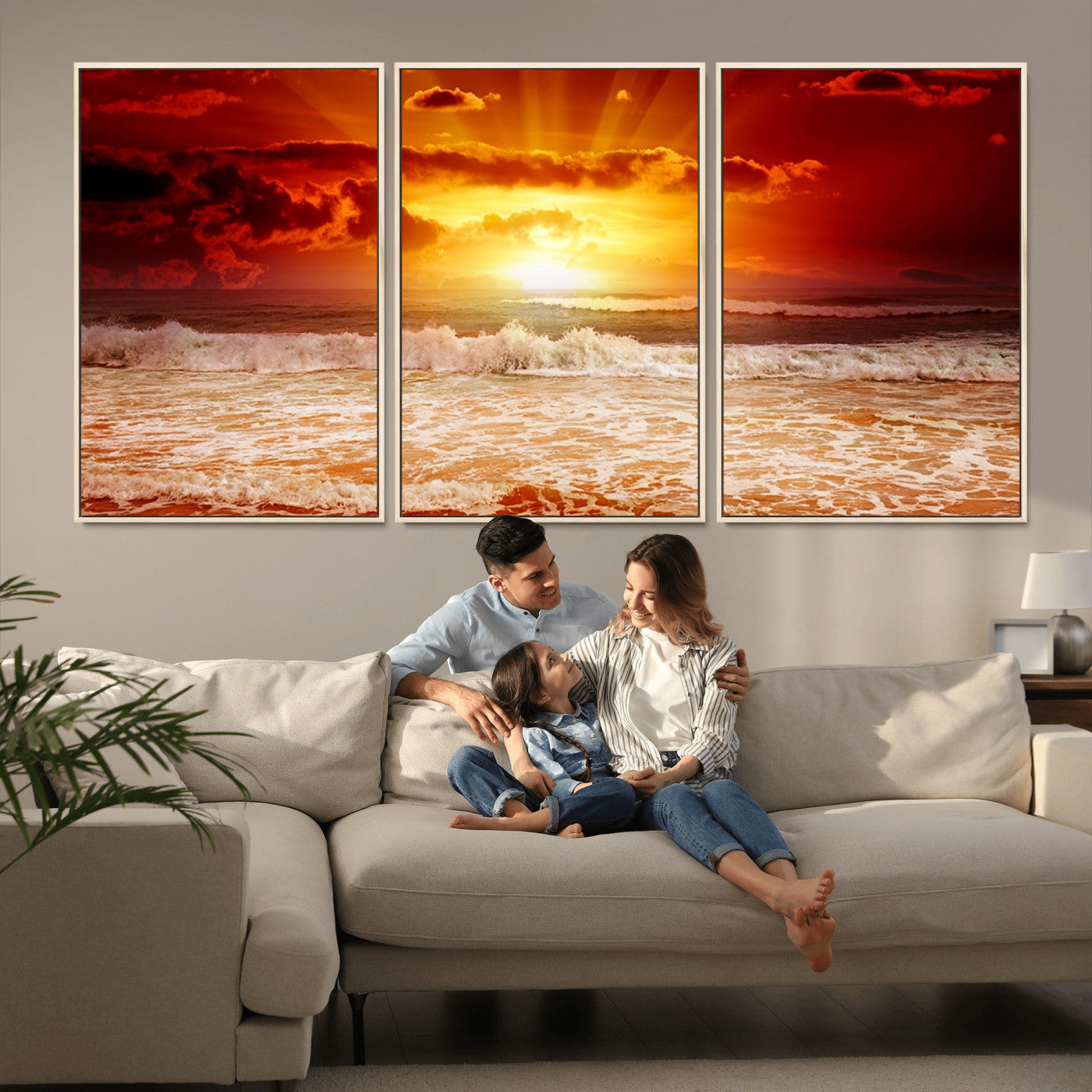 -Red Sunset Ocean Beach Canvas Wall Art Beach Canvas, Coastal Sunset Print