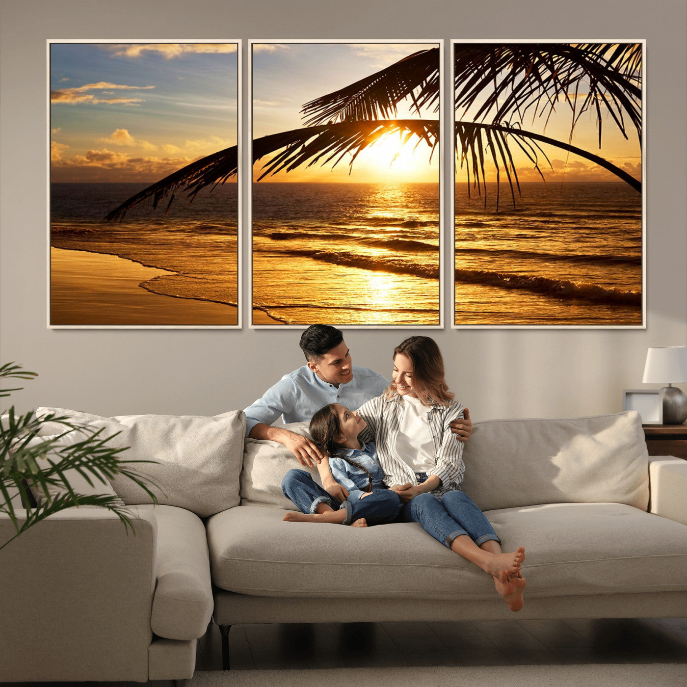 -Golden Tropical Beach Sunset Canvas Triptych, Coastal Palm Tree Wall Art, Ocean Shoreline Giclee