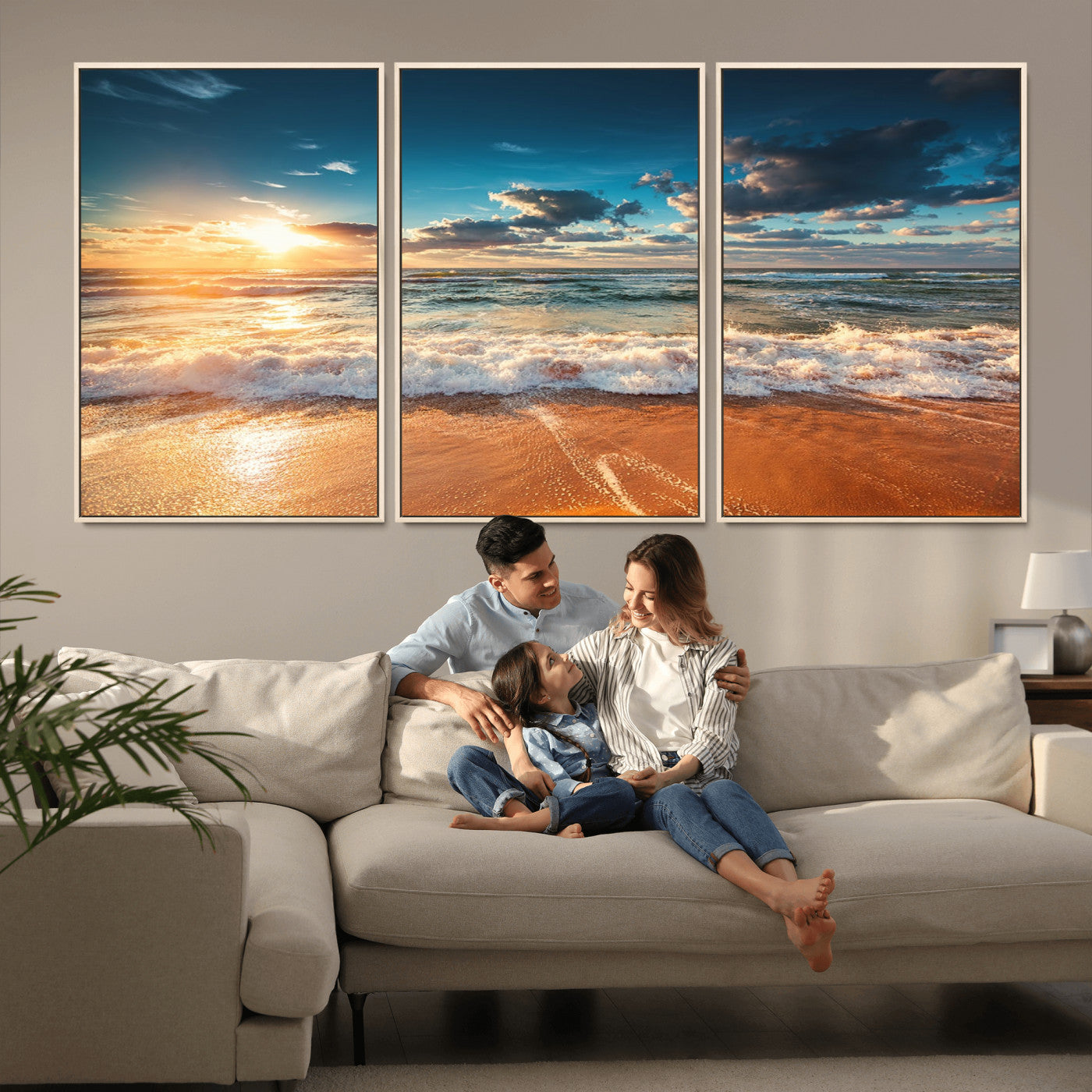 -Golden Sunset Beach Triptych Canvas Art, Giclee Coastal Wall Decor, Ocean Waves Print, Modern Beach