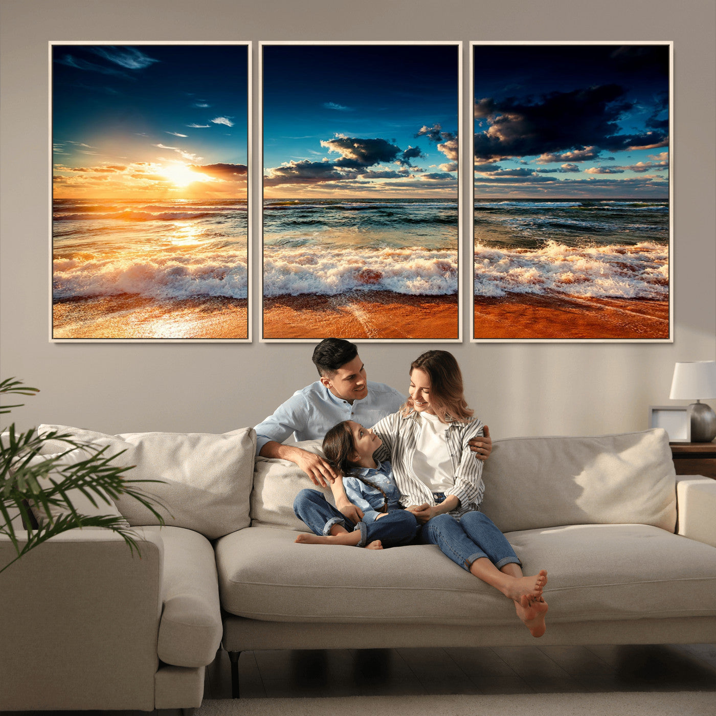 -Golden Hour Sunset Over Ocean Waves Wall Art Canvas Print | 3 Panel Coastal Landscape Canvas Wall