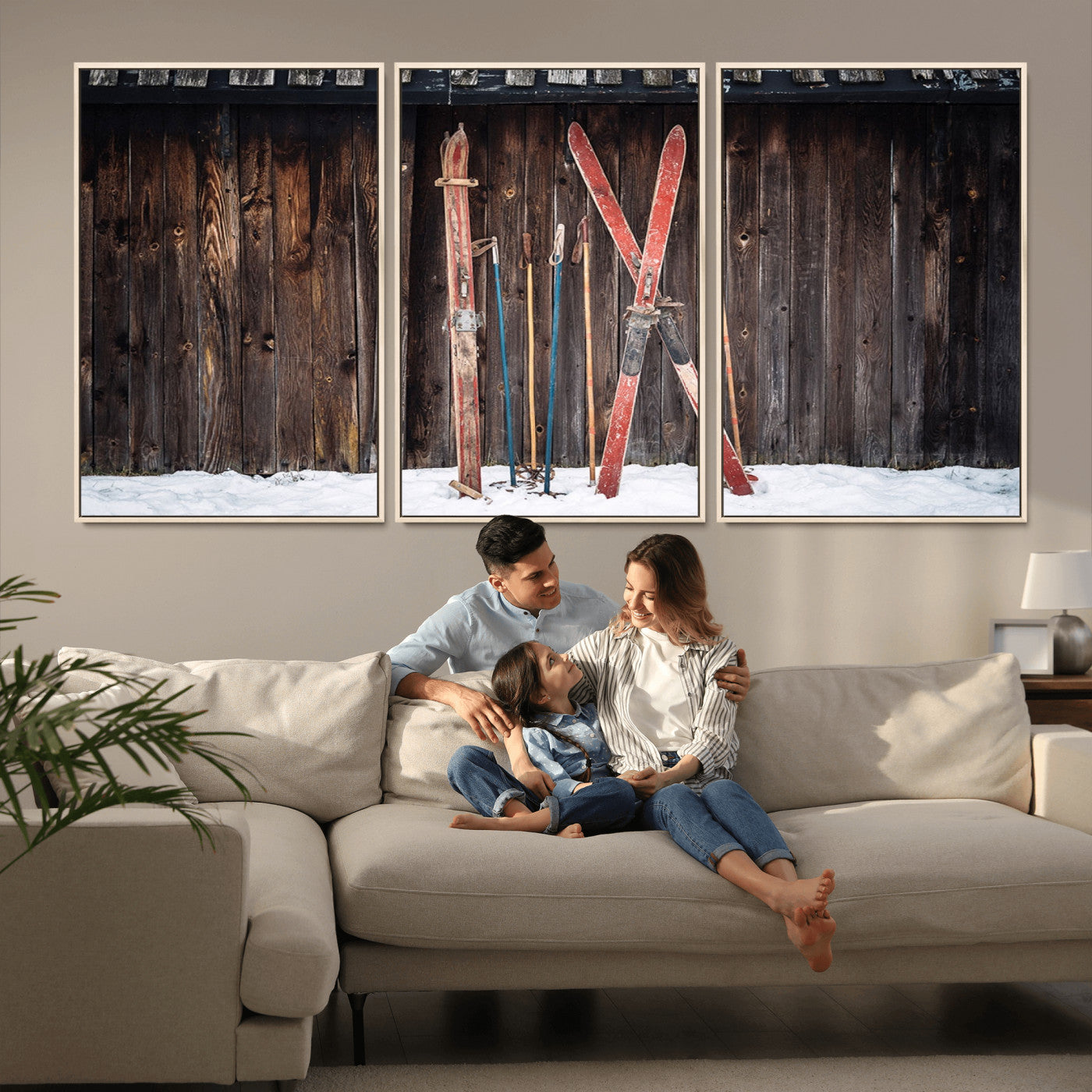-Vintage Ski Gear Canvas Print, Vintage Ski Gear Against Wooden Cabin Wall, Rustic Winter Sports