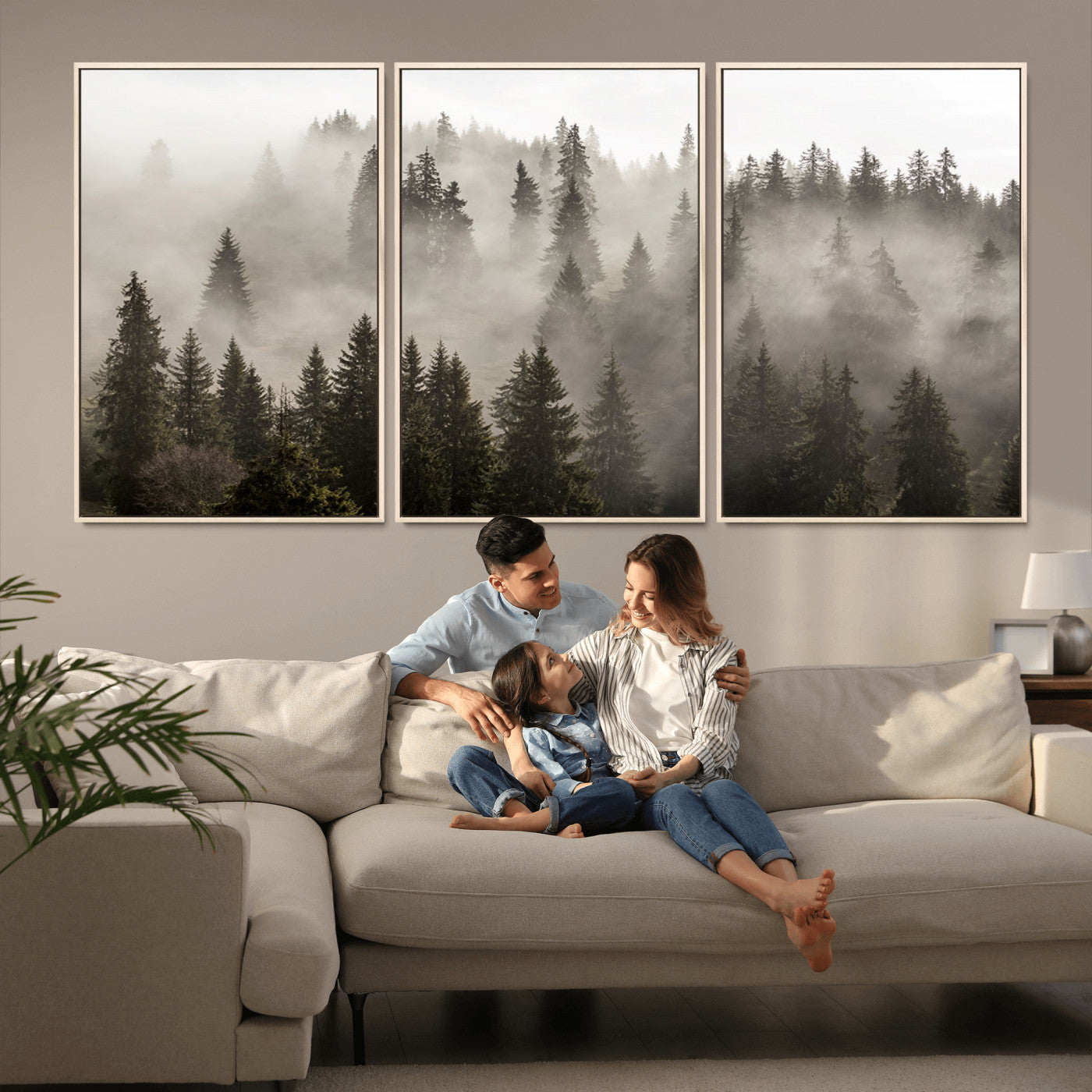 62862-MGV-CV-36X24-Foggy Mountain Wall Art | 3-Panel Foggy Forest and Mountain Landscape | Large Giclee Print for