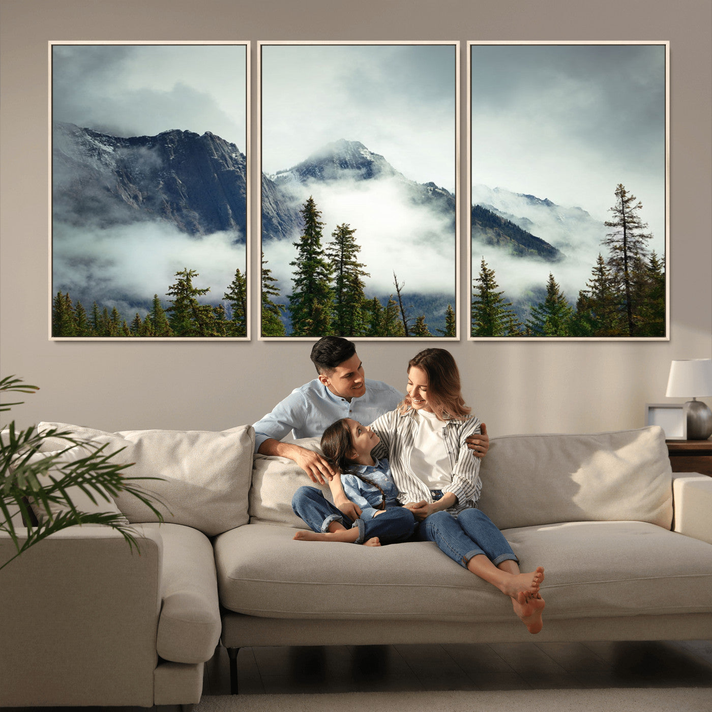 93219-MGV-CV-36X24-Mountain Mist Canvas Wall Art Print | 3-Panel Foggy Forest and Mountain Landscape | Large Giclee