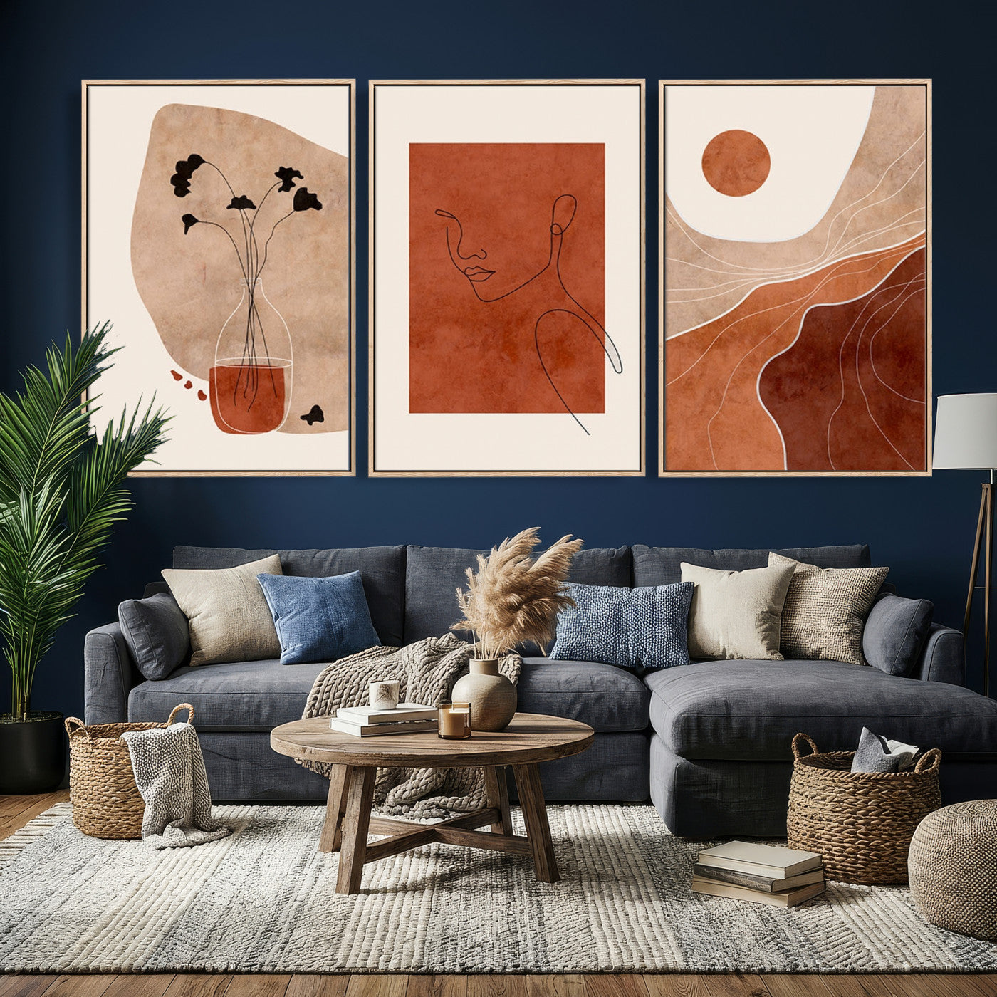 56768-MGV-CV-60X30-3P - Boho Sunset Mountain Canvas Print, Modern Boho Sunset Mountain Landscape Triptych – Giclée Canvas