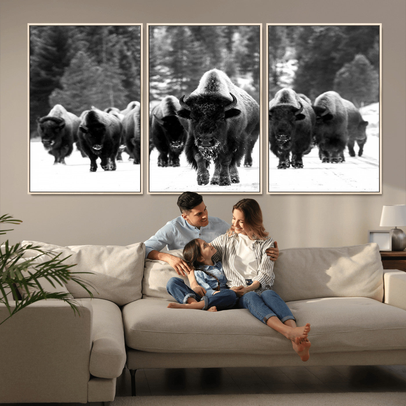 62434-MGV-CV-36X24-Bison Herd in Snow Wall Art Canvas Print | Rustic Western Bison Wall Art for Decor for Living Room,