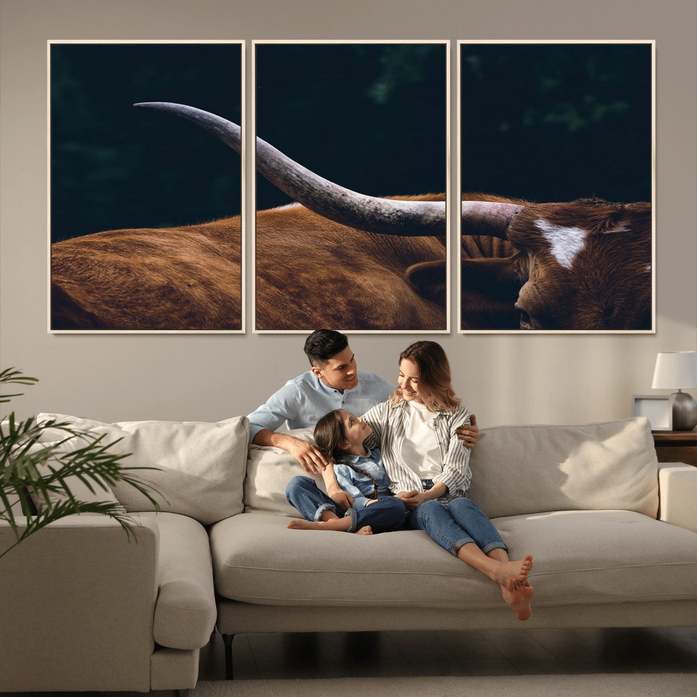 55197-MGV-FC-60X30-3P_Natural-Texas Longhorn Bull Wall Art Canvas Print - Large Framed Canvas Wall Art, Farmhouse Cabin Wall