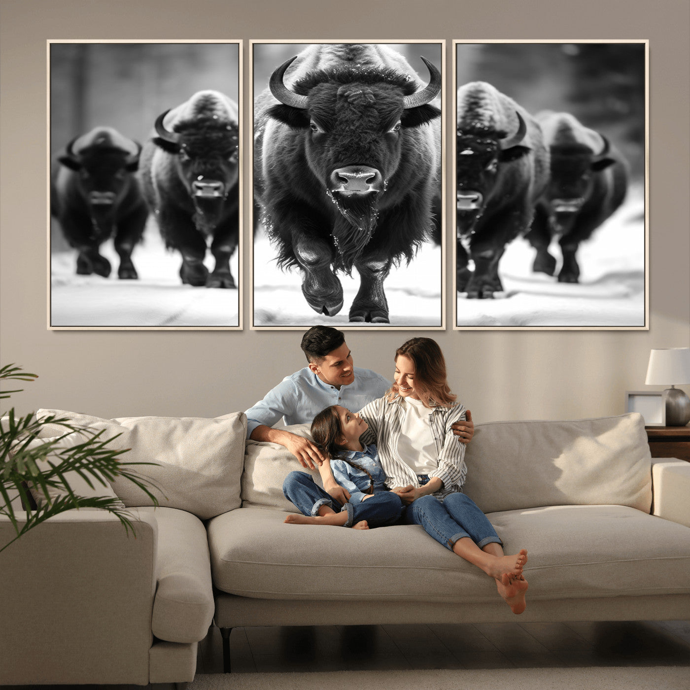 -American Bison Art | Buffalo Herd Wall Art Canvas Print, BW American Bison Herd Wall Art Canvas