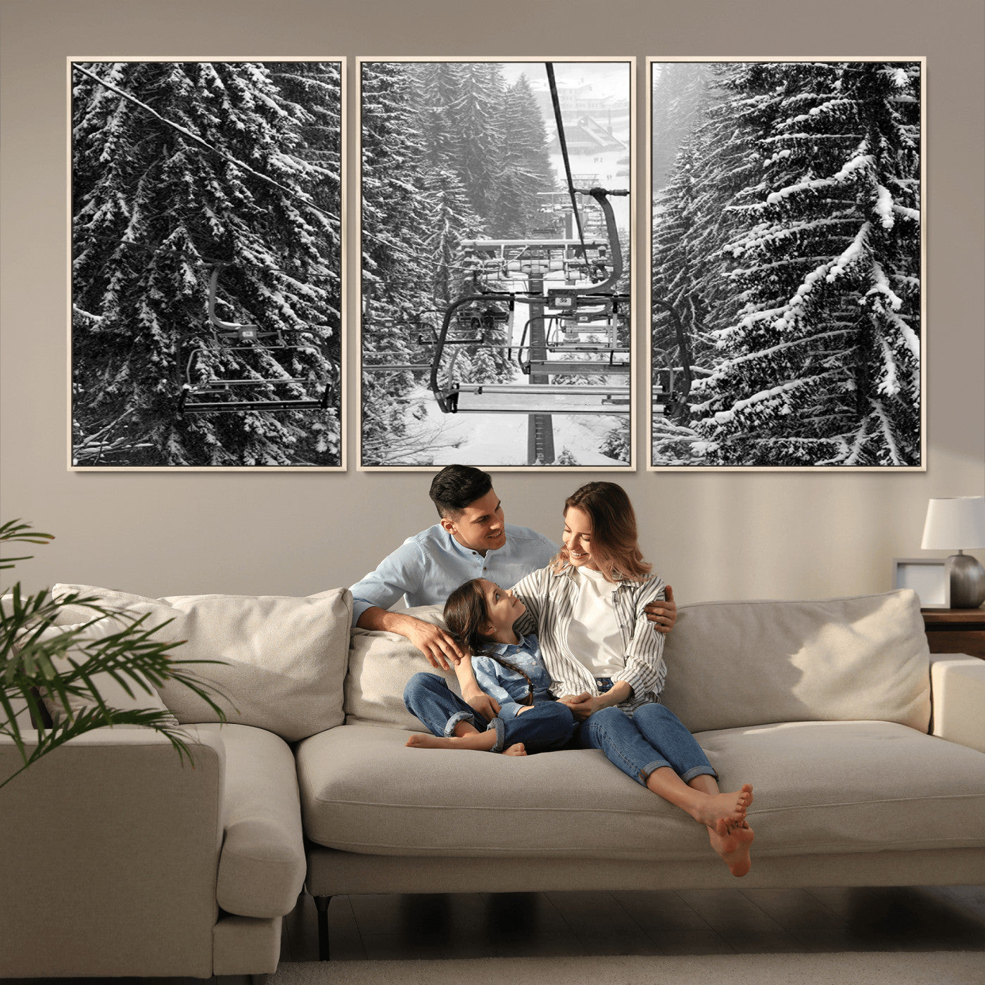 19240-MGV-CV-36X24-Winter Ski Lift Black and White Canvas Wall Art – Alpine Escape in Minimalist Style – Winter Ski