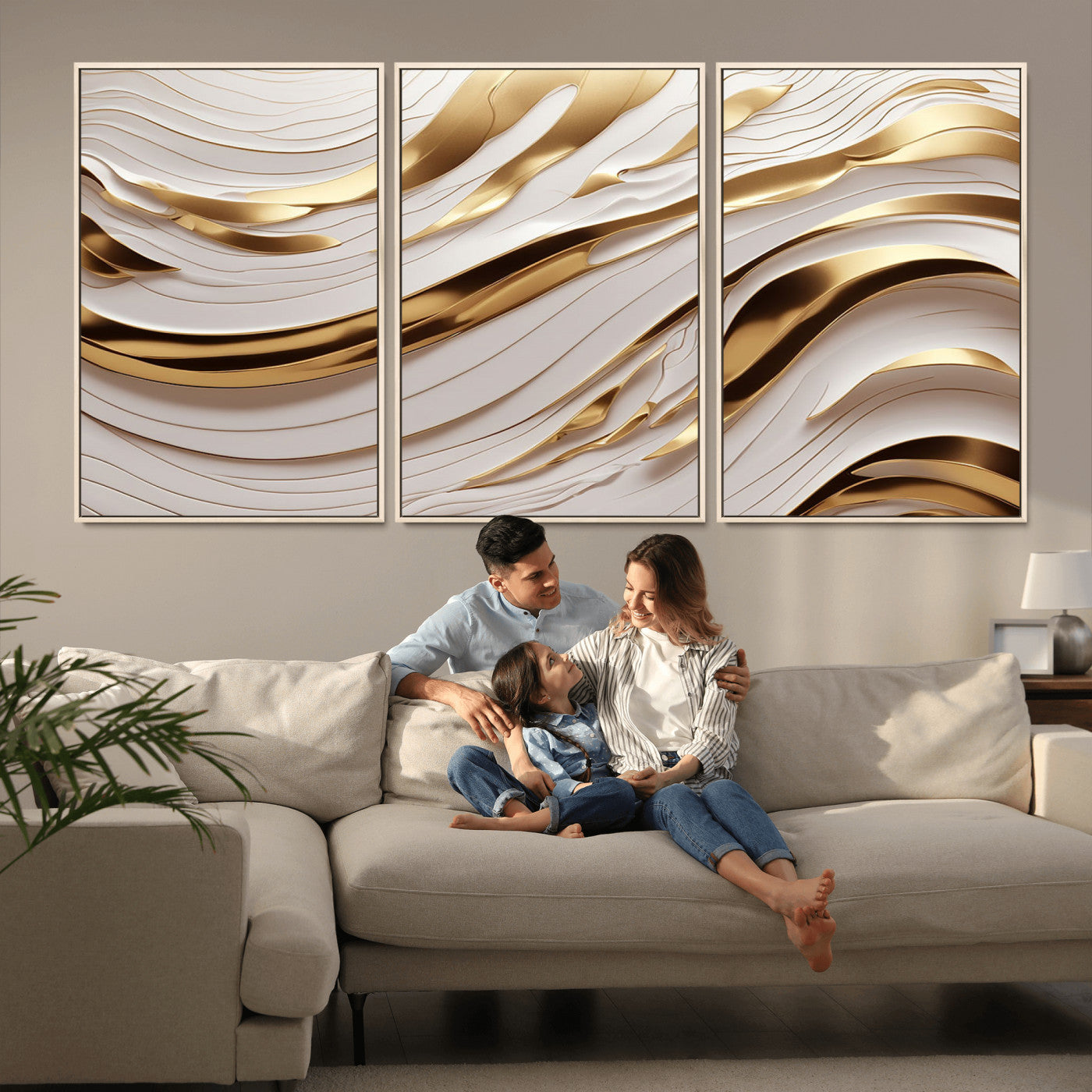 81197-MGV-CV-36X24-Gold and White Abstract Wave Canvas – Elegant Flowing Design with Luxurious Golden Accents –