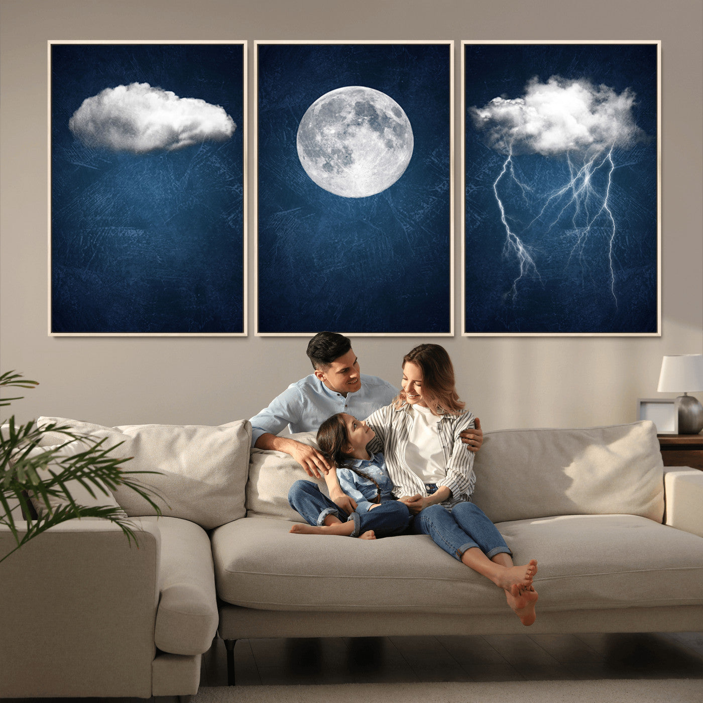 96569-MGV-CV-36X24-Dark Blue Cloud Art, 3 Piece Indigo Blue Wall Art, Aesthetic Surreal Art, Thunderstorm Moon Cloud